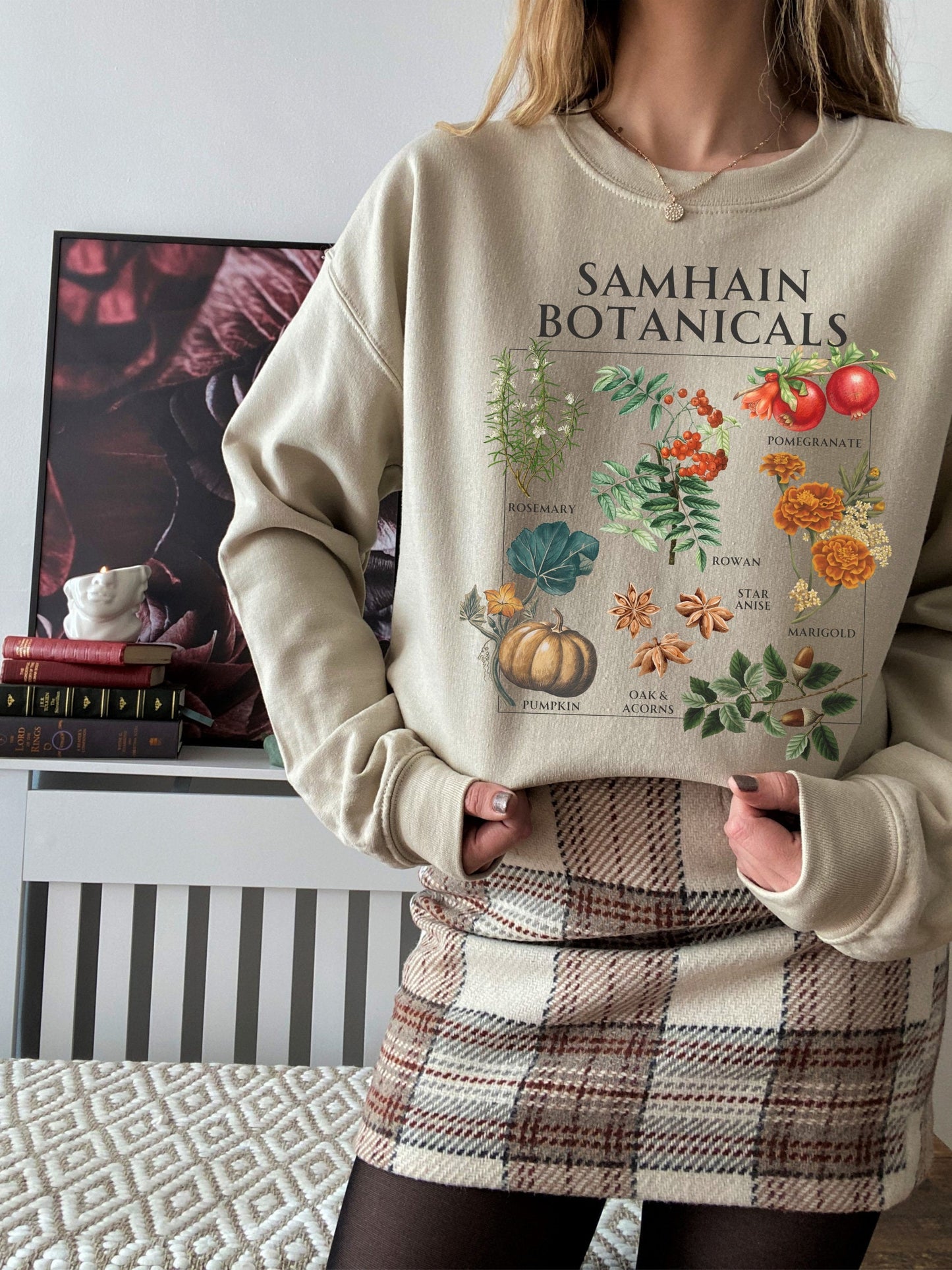 Samhain Botanicals Herbology Sweatshirt Witchy Cottagecore Halloween Wheel of the Year Green Witch Wild Flower Chart Tshirt Fall Aesthetic