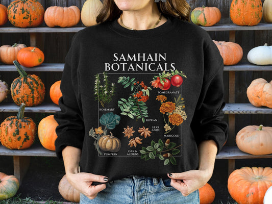 Samhain Botanicals Herbology Sweatshirt Witchy Cottagecore Halloween Wheel of the Year Green Witch Wild Flower Chart Tshirt Fall Aesthetic