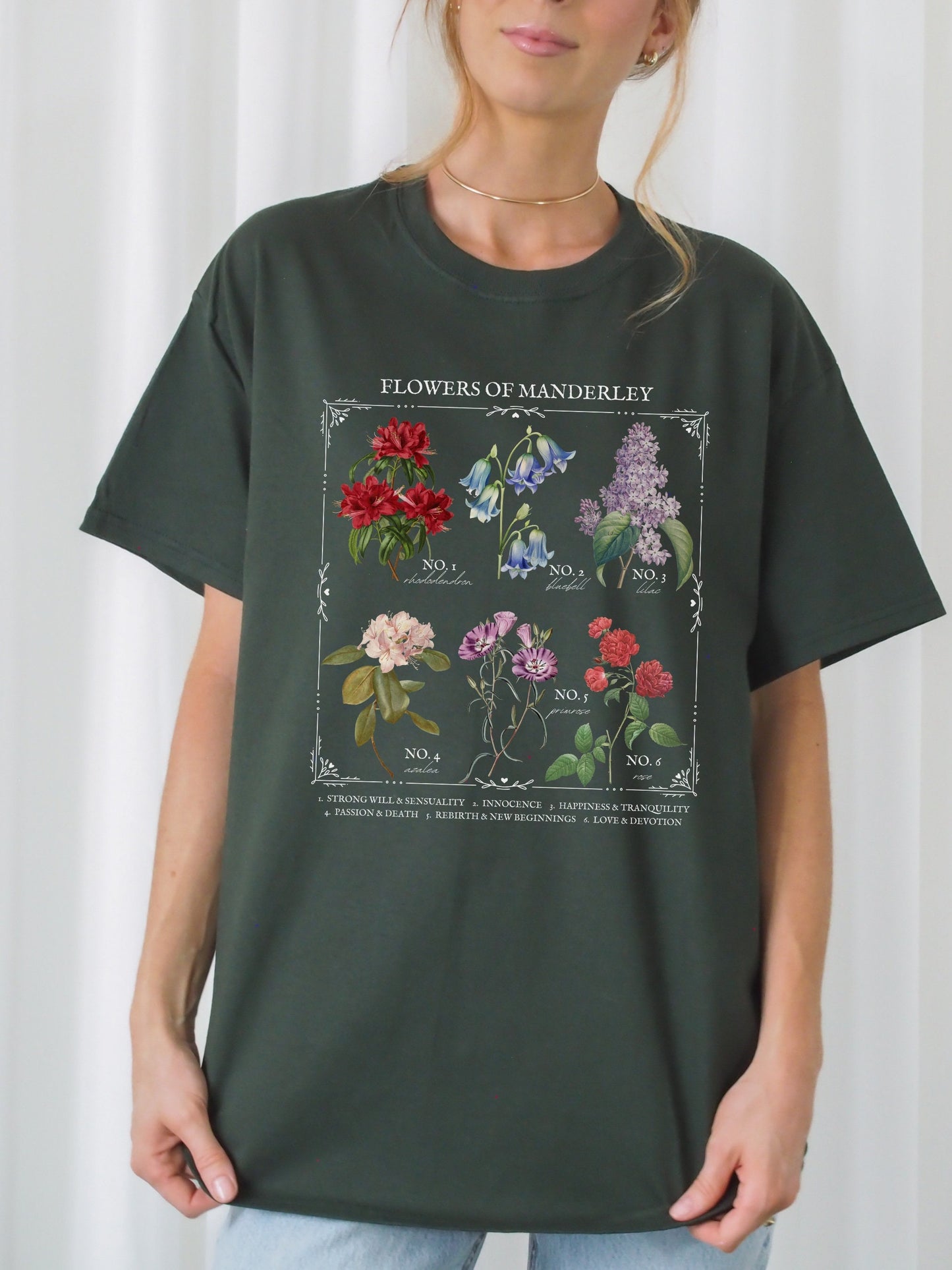 Rebecca Daphne du Maurier Flower Chart Manderley Tee Shirt Tshirt * Gothic Romance Bookish Book Lover Floral Light Dark Academia Aesthetic