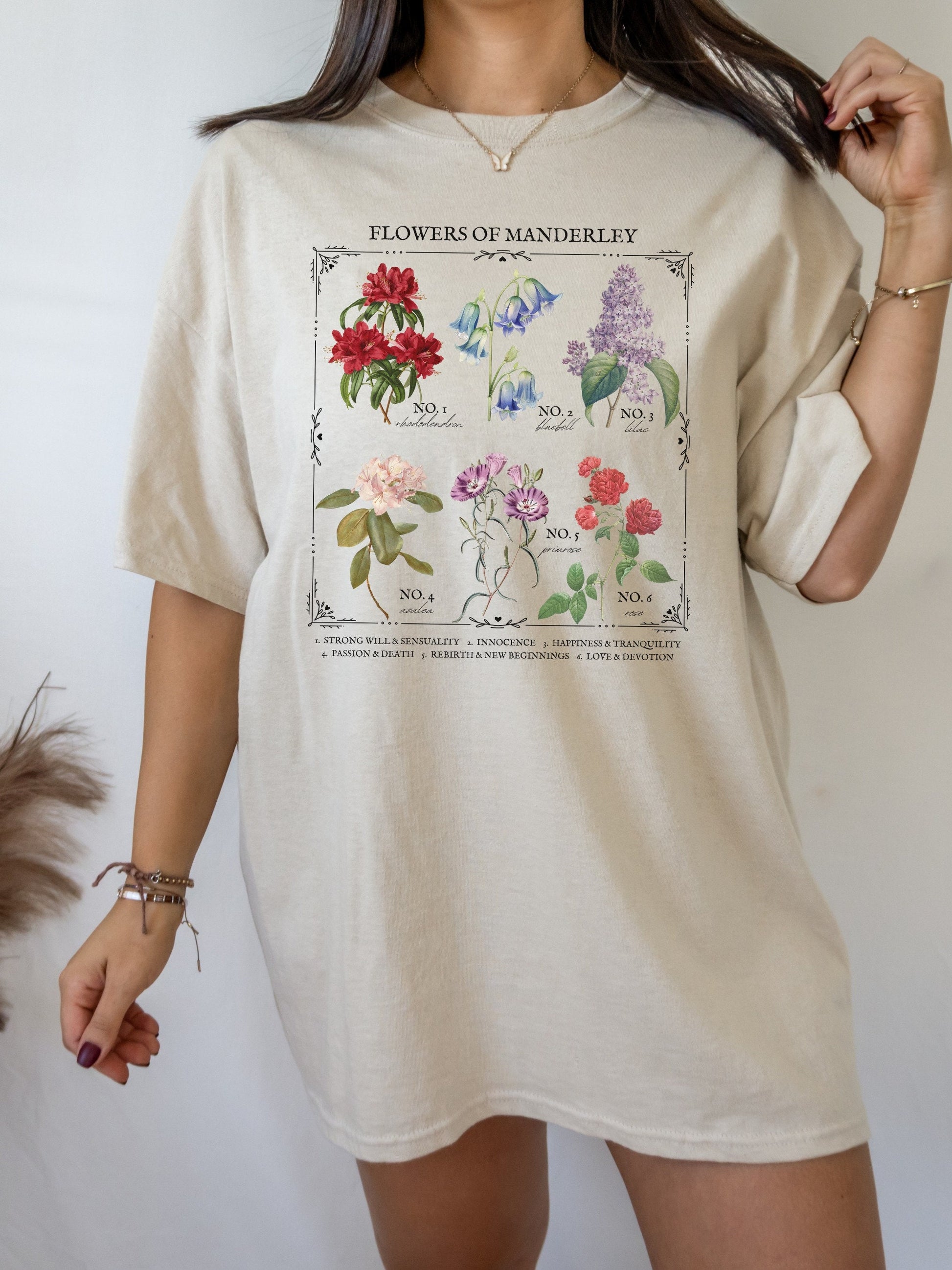 Rebecca Daphne du Maurier Flower Chart Manderley Tee Shirt Tshirt * Gothic Romance Bookish Book Lover Floral Light Dark Academia Aesthetic