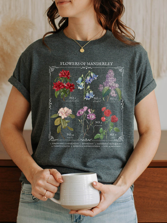 Rebecca Daphne du Maurier Flower Chart Manderley Tee Shirt Tshirt * Gothic Romance Bookish Book Lover Floral Light Dark Academia Aesthetic