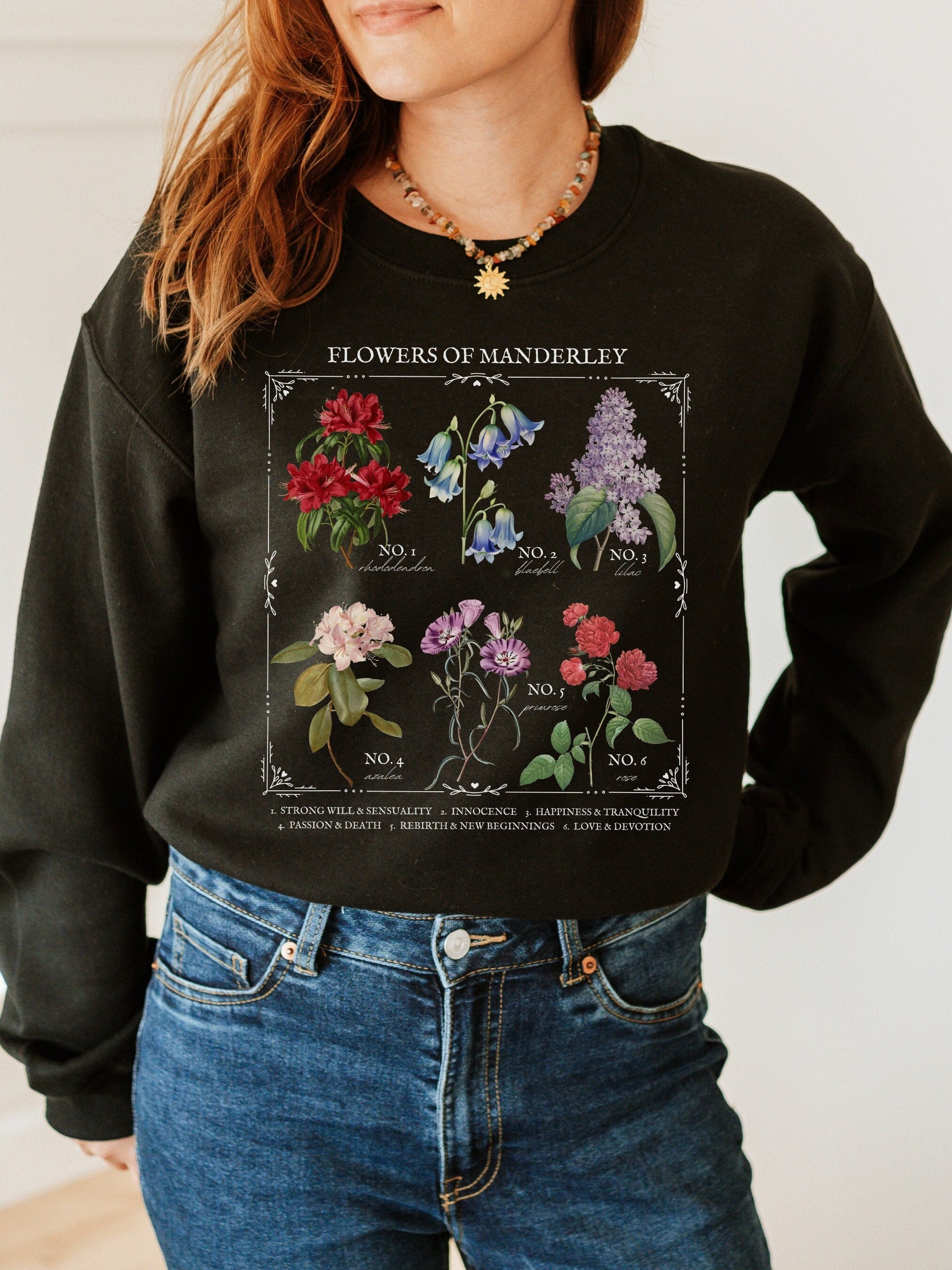 Rebecca Daphne du Maurier Flower Chart Manderley Sweatshirt * Gothic Romance Bookish Book Lover Shirt Floral Light Dark Academia Aesthetic