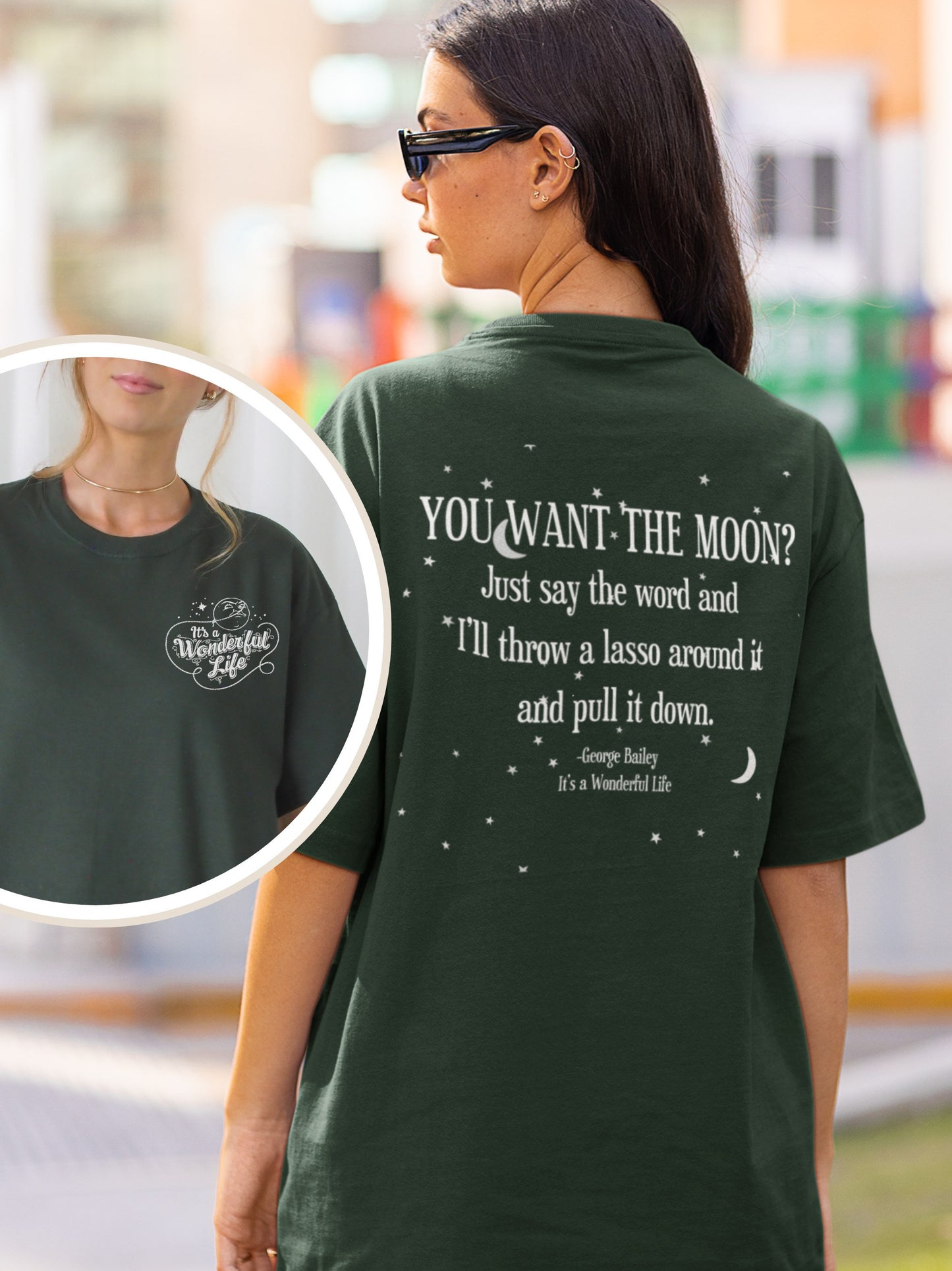 It's a Wonderful Life Classic Christmas Movie Lover Tee Shirt * George Bailey You Want the Moon Lasso * Holiday Party Tshirt * Bedford Falls