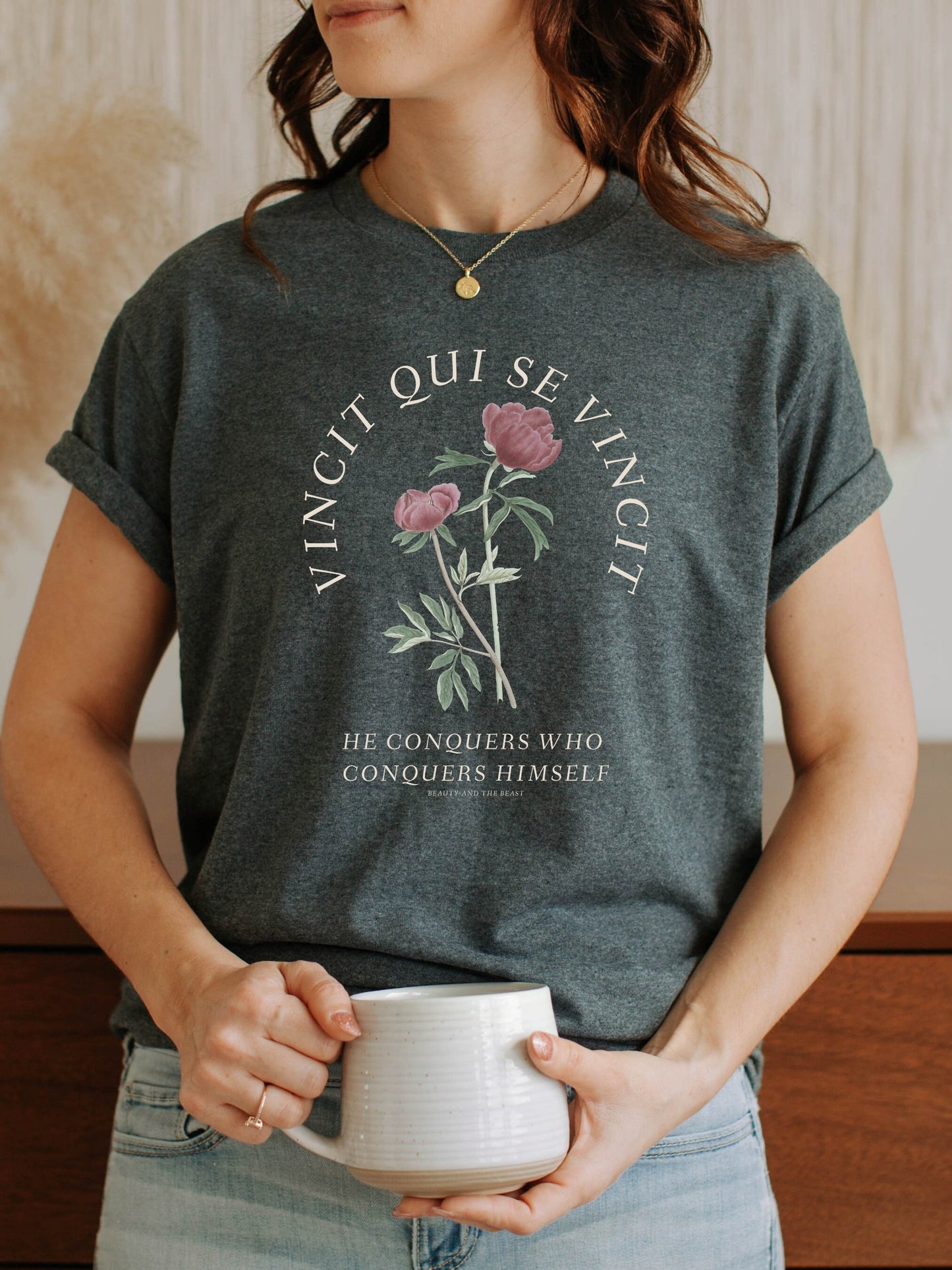 Dark Academia Latin Phrase Vincit Qui Se Vincit Tshirt * Beauty and the Beast vintage fairytale rose shirt Bookish Book Lover Bookworm Gift