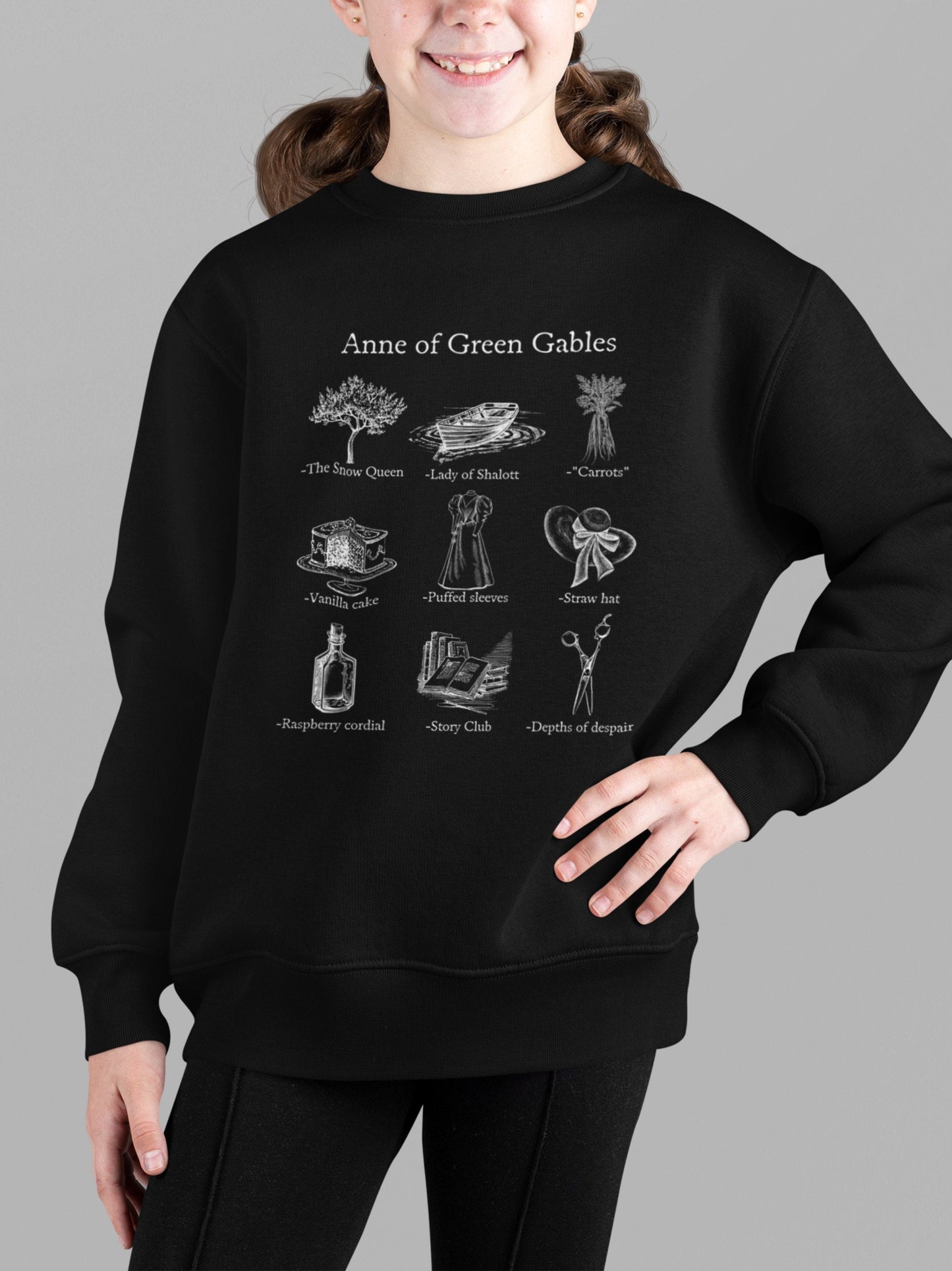 Youth Kids Anne of Green Gables Icon Chart Sweatshirt * Cottagecore Anne with an E LM Montgomery * Book Fandom Merch Bookish Gift Book Lover