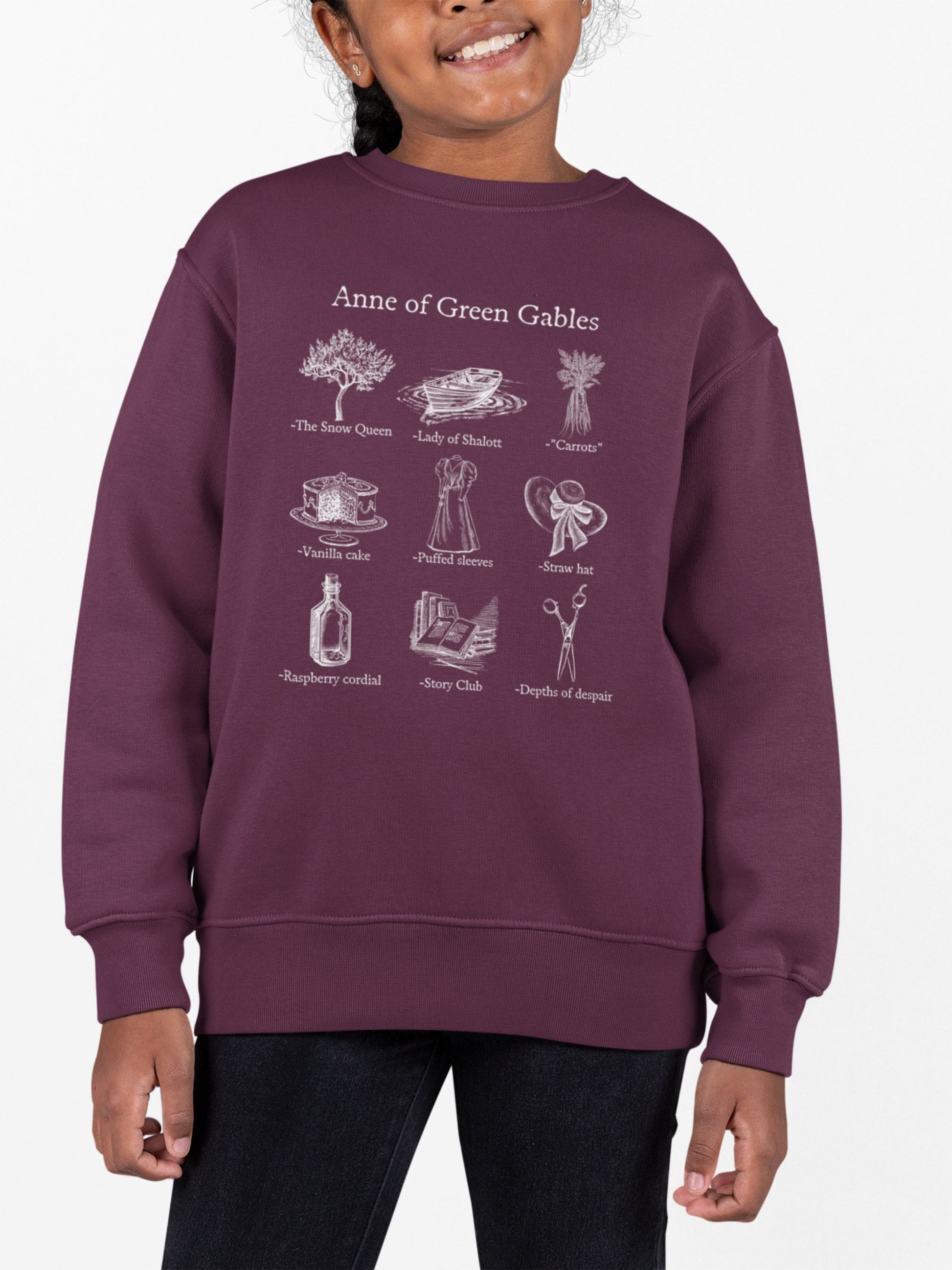 Youth Kids Anne of Green Gables Icon Chart Sweatshirt * Cottagecore Anne with an E LM Montgomery * Book Fandom Merch Bookish Gift Book Lover