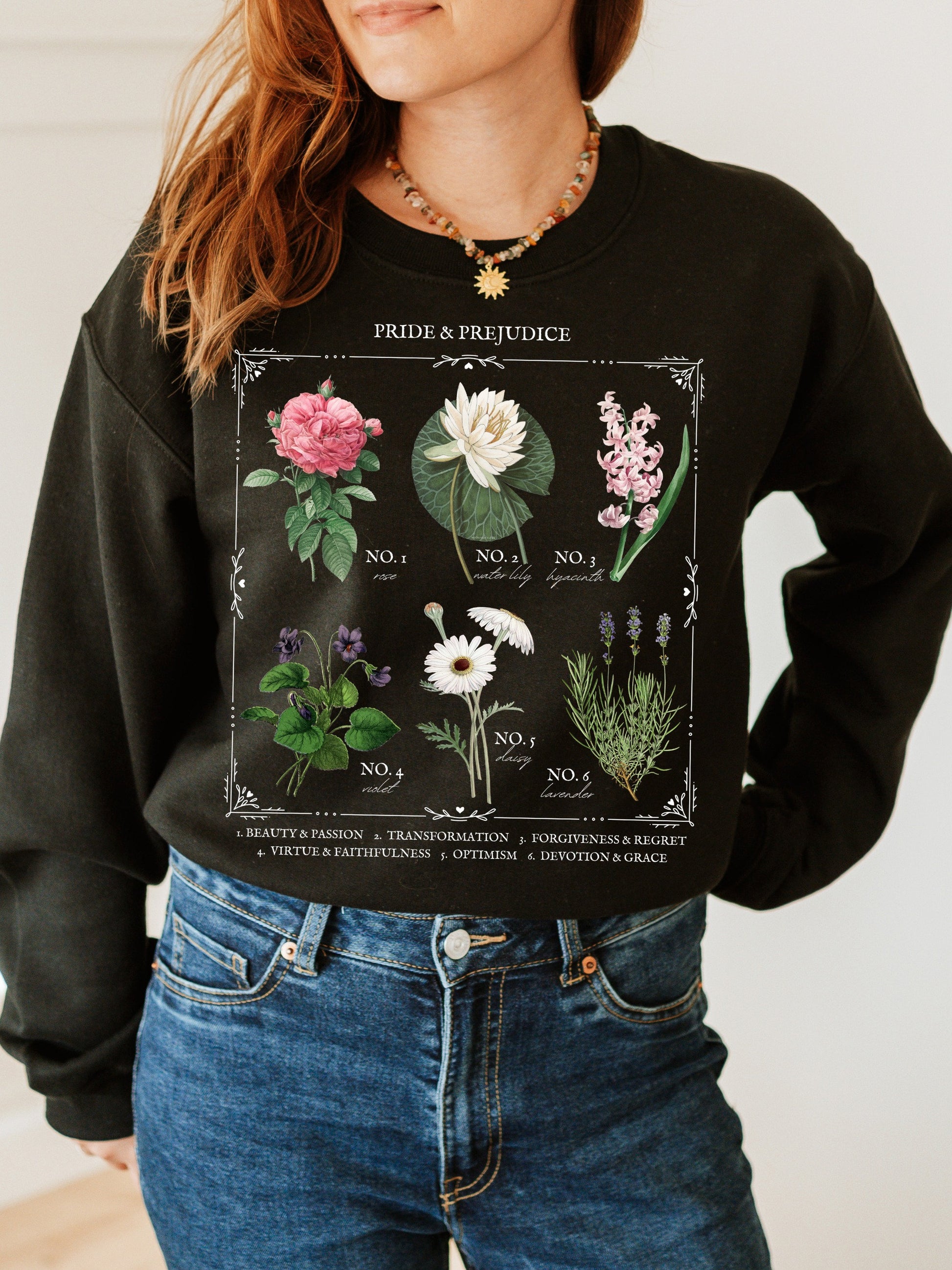 Jane Austen Pride & Prejudice Literary flower chart sweatshirt Poetry Literature Bookish Merch Lover Christmas Gift Idea mr darcy pemberley