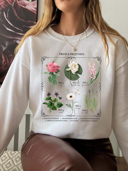 Jane Austen Pride & Prejudice Literary flower chart sweatshirt Poetry Literature Bookish Merch Lover Christmas Gift Idea mr darcy pemberley