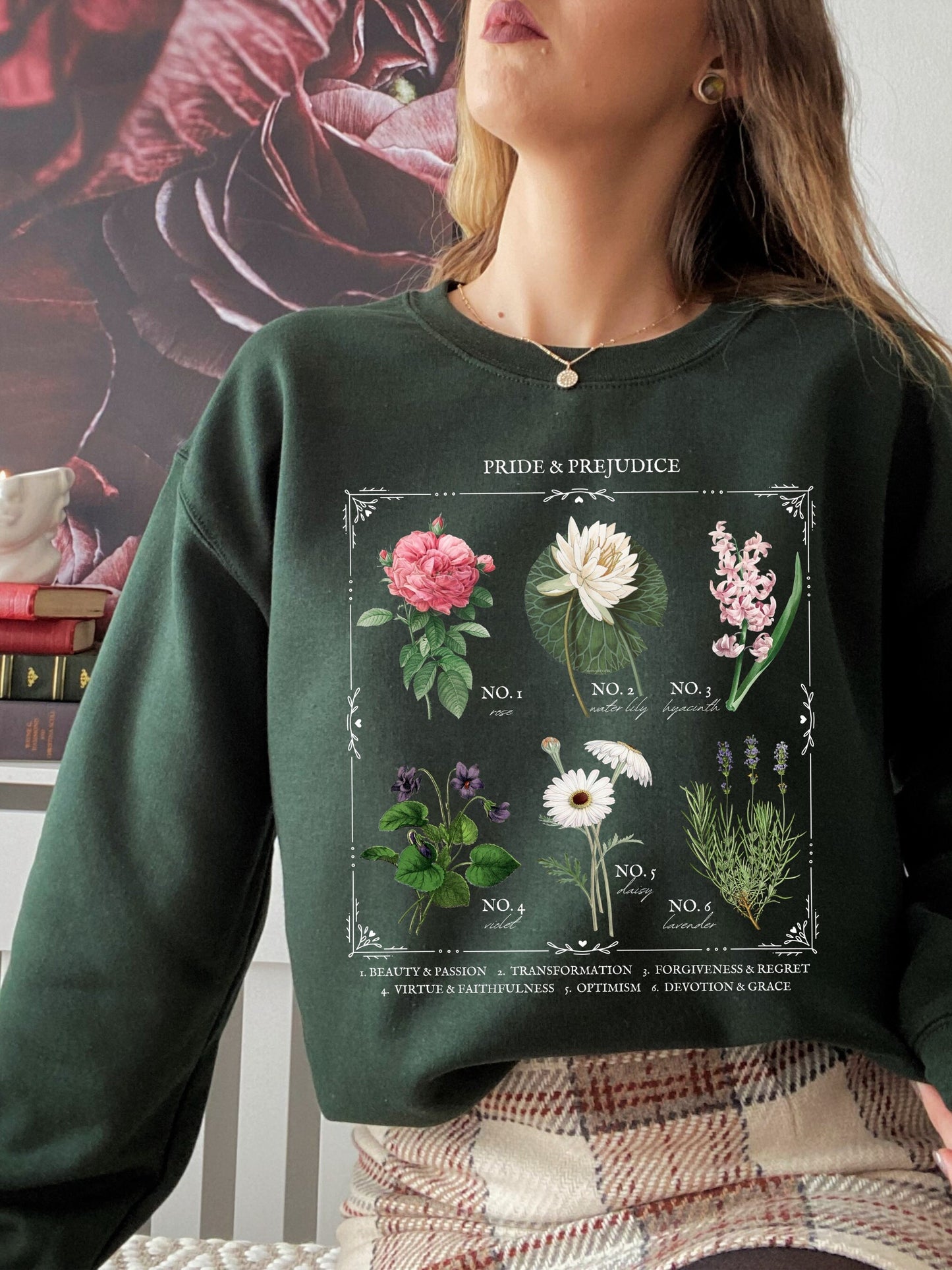 Jane Austen Pride & Prejudice Literary flower chart sweatshirt Poetry Literature Bookish Merch Lover Christmas Gift Idea mr darcy pemberley