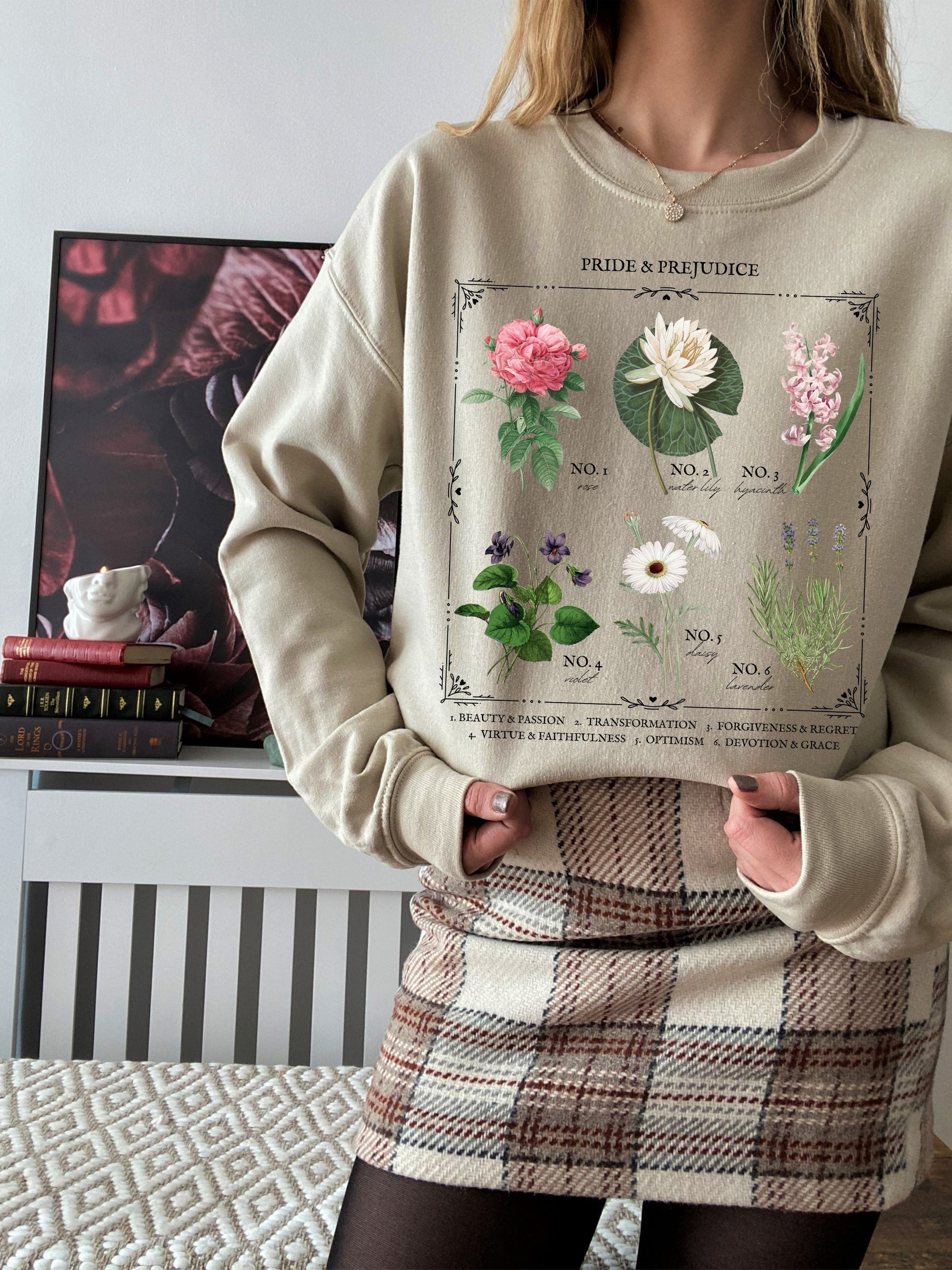 Jane Austen Pride & Prejudice Literary flower chart sweatshirt Poetry Literature Bookish Merch Lover Christmas Gift Idea mr darcy pemberley