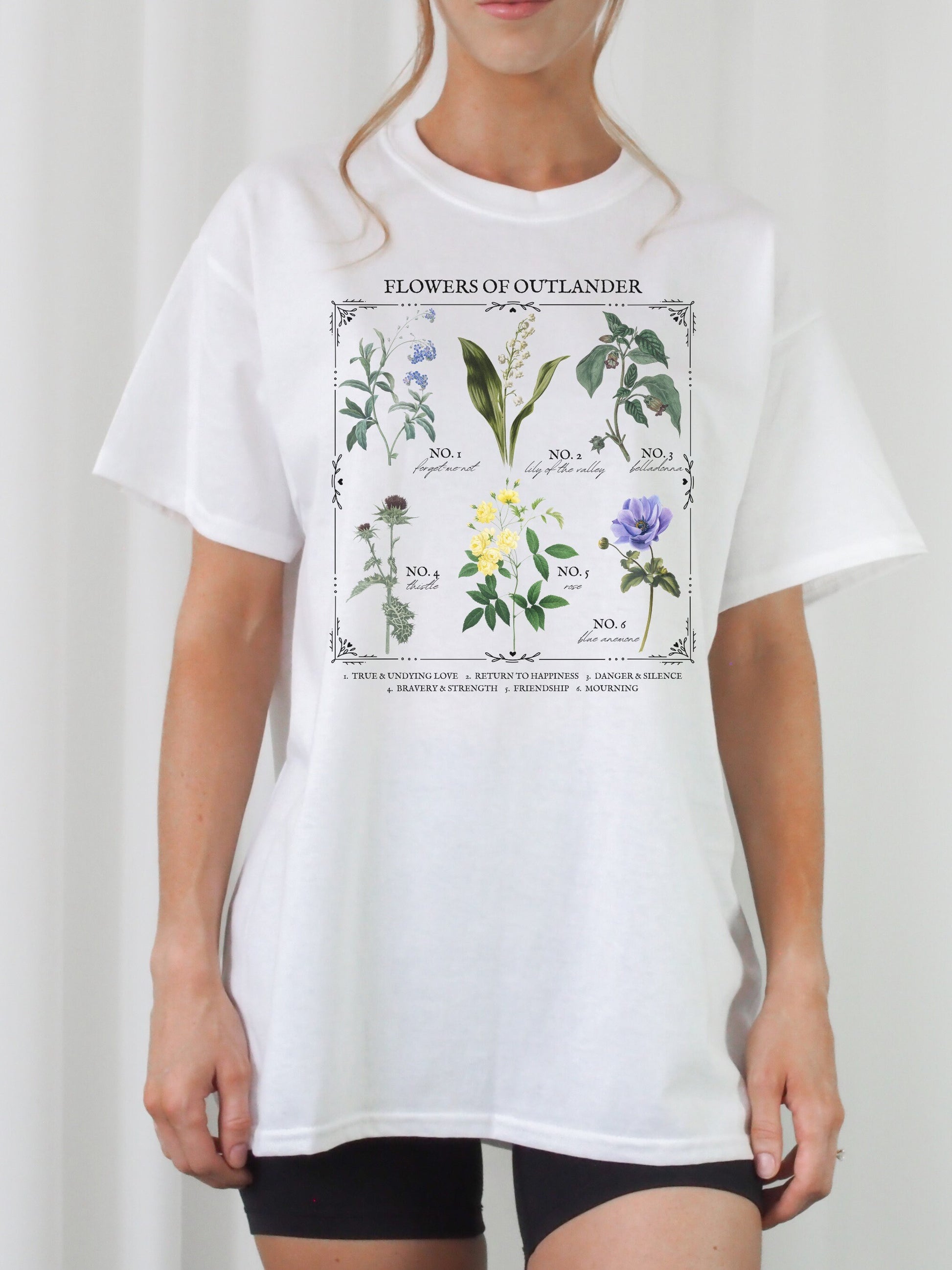 Bookish Flower Chart Tshirt * Outlander Claire Jamie Fraser Sassenach Language of Flowers Herbology Floral tee * Bookworm Gift Dark Academia