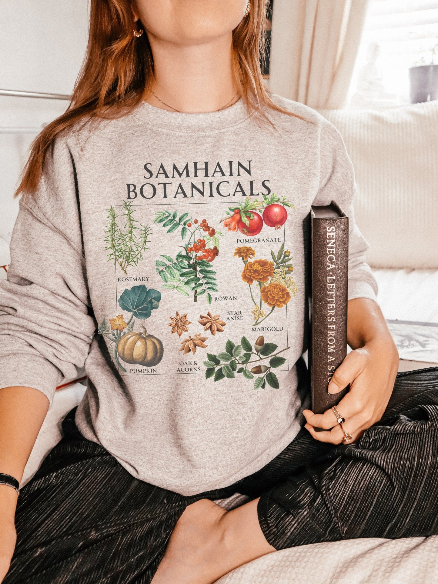 Samhain Botanicals Herbology Sweatshirt Witchy Cottagecore Halloween Wheel of the Year Green Witch Wild Flower Chart Tshirt Fall Aesthetic