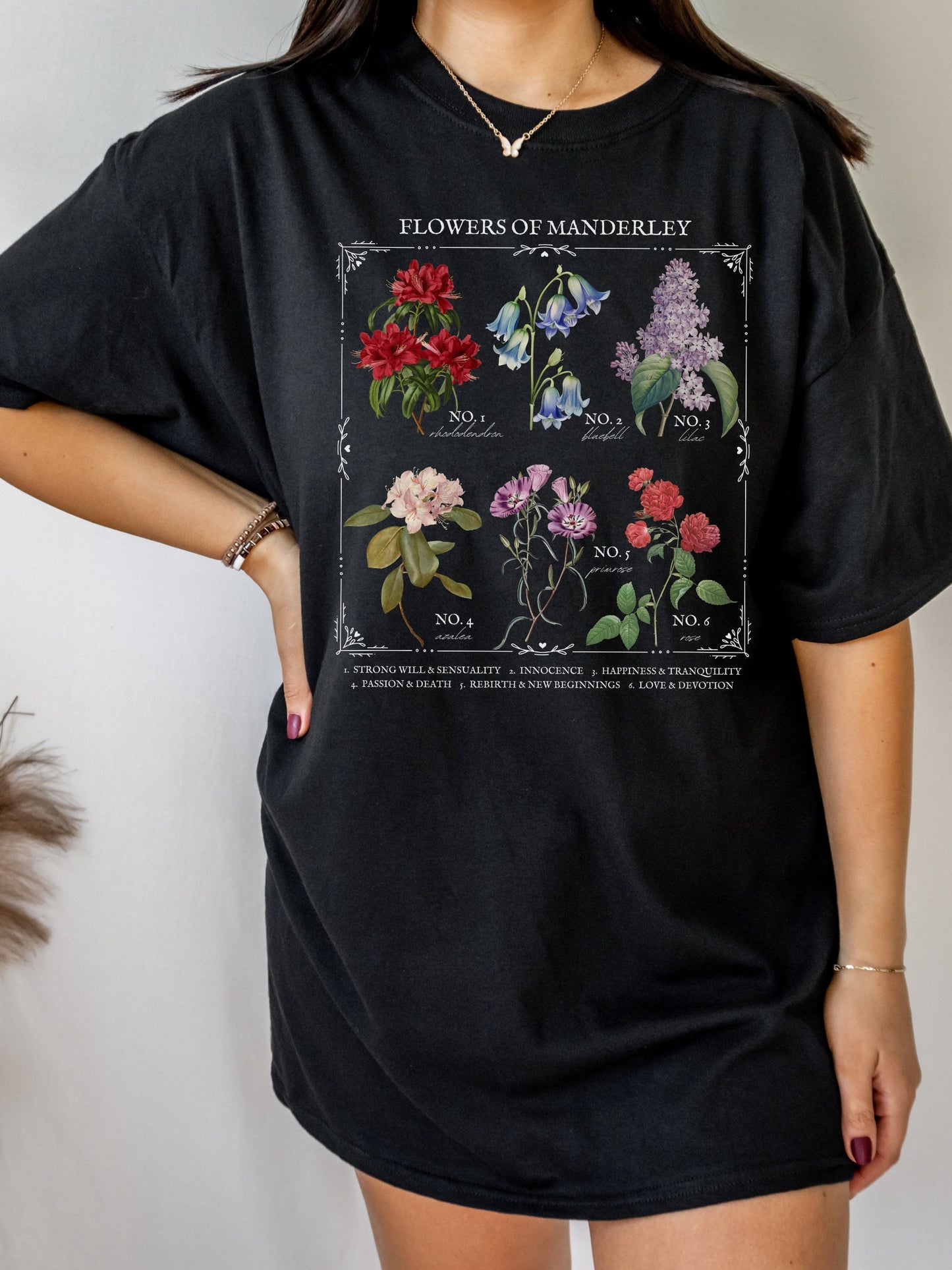 Rebecca Daphne du Maurier Flower Chart Manderley Tee Shirt Tshirt * Gothic Romance Bookish Book Lover Floral Light Dark Academia Aesthetic