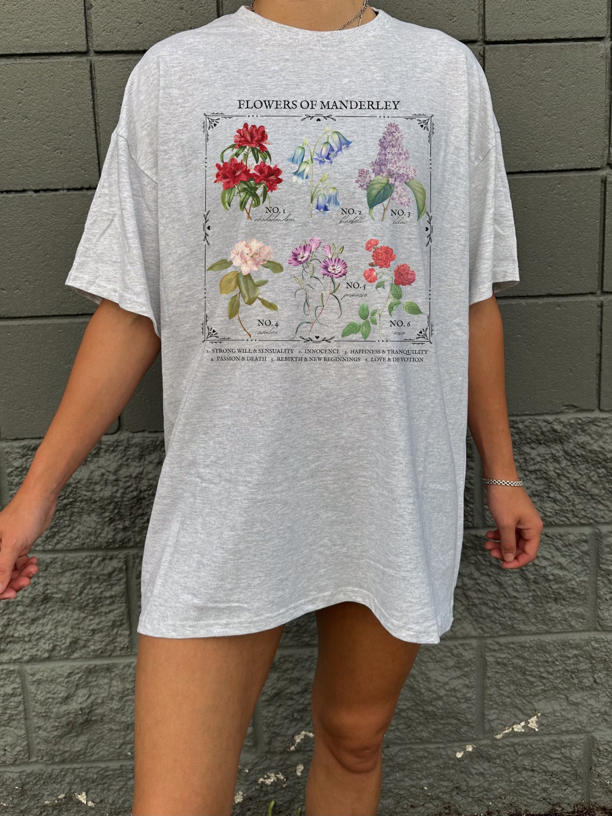 Rebecca Daphne du Maurier Flower Chart Manderley Tee Shirt Tshirt * Gothic Romance Bookish Book Lover Floral Light Dark Academia Aesthetic