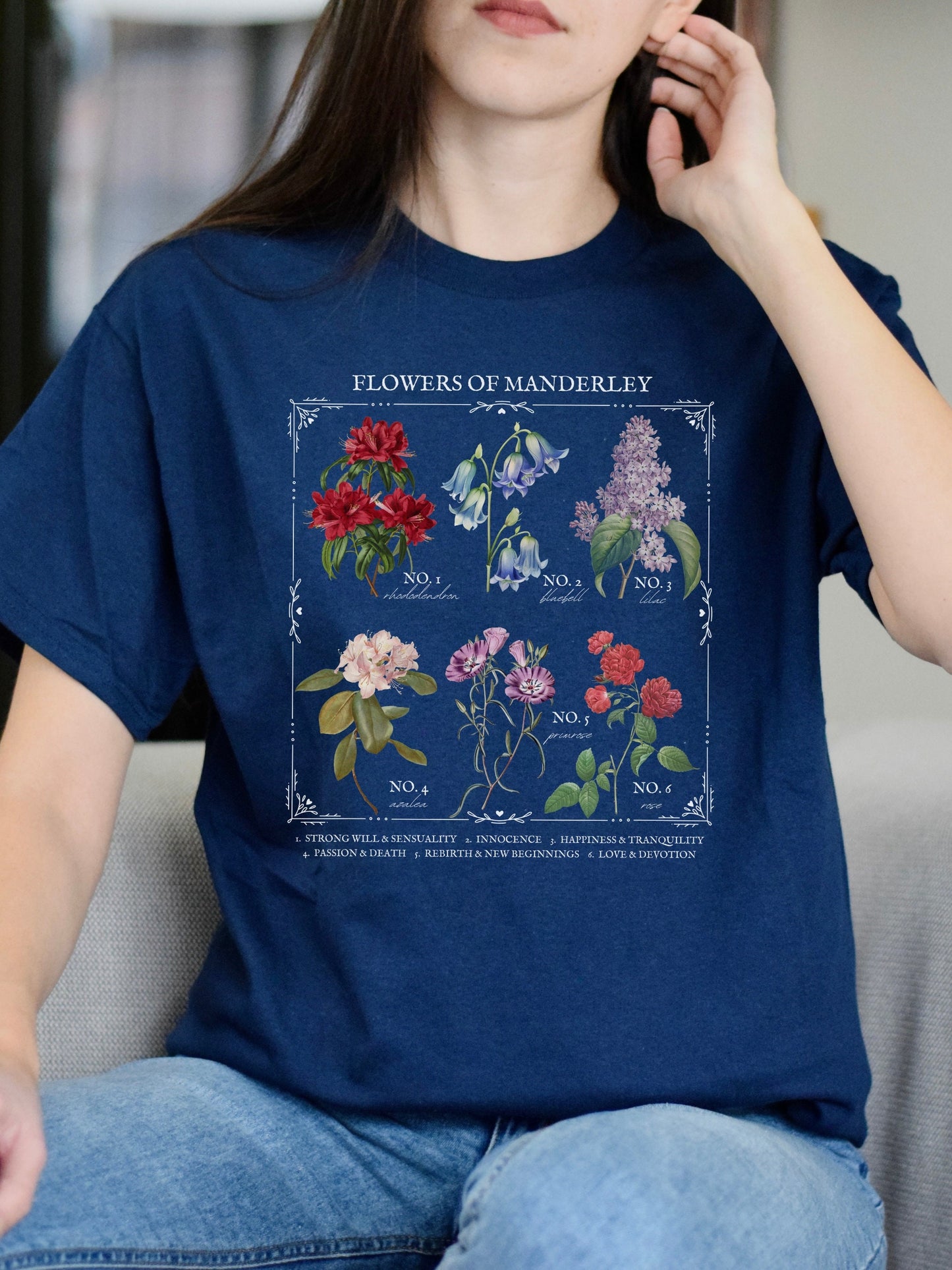 Rebecca Daphne du Maurier Flower Chart Manderley Tee Shirt Tshirt * Gothic Romance Bookish Book Lover Floral Light Dark Academia Aesthetic