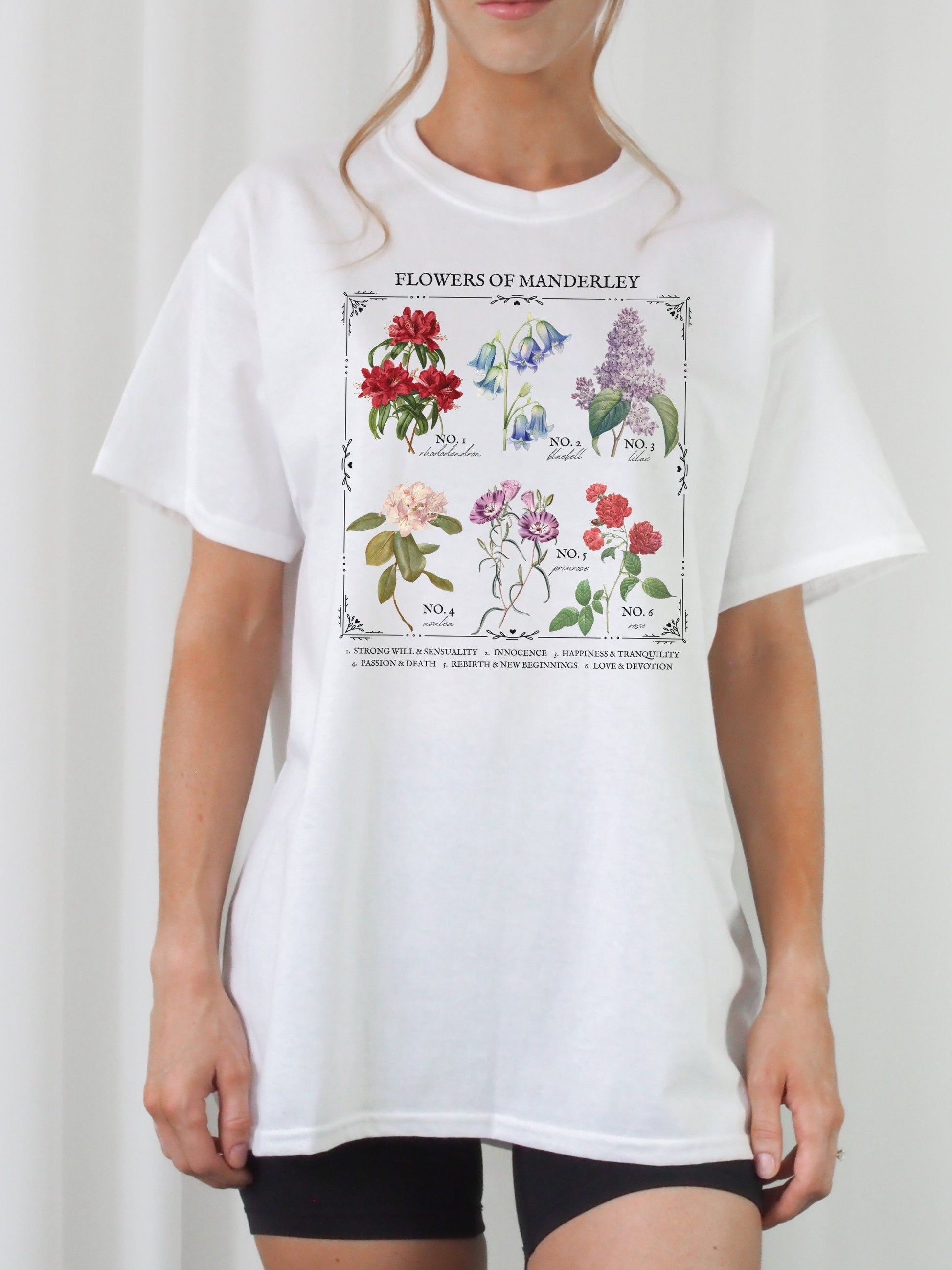 Rebecca Daphne du Maurier Flower Chart Manderley Tee Shirt Tshirt * Gothic Romance Bookish Book Lover Floral Light Dark Academia Aesthetic