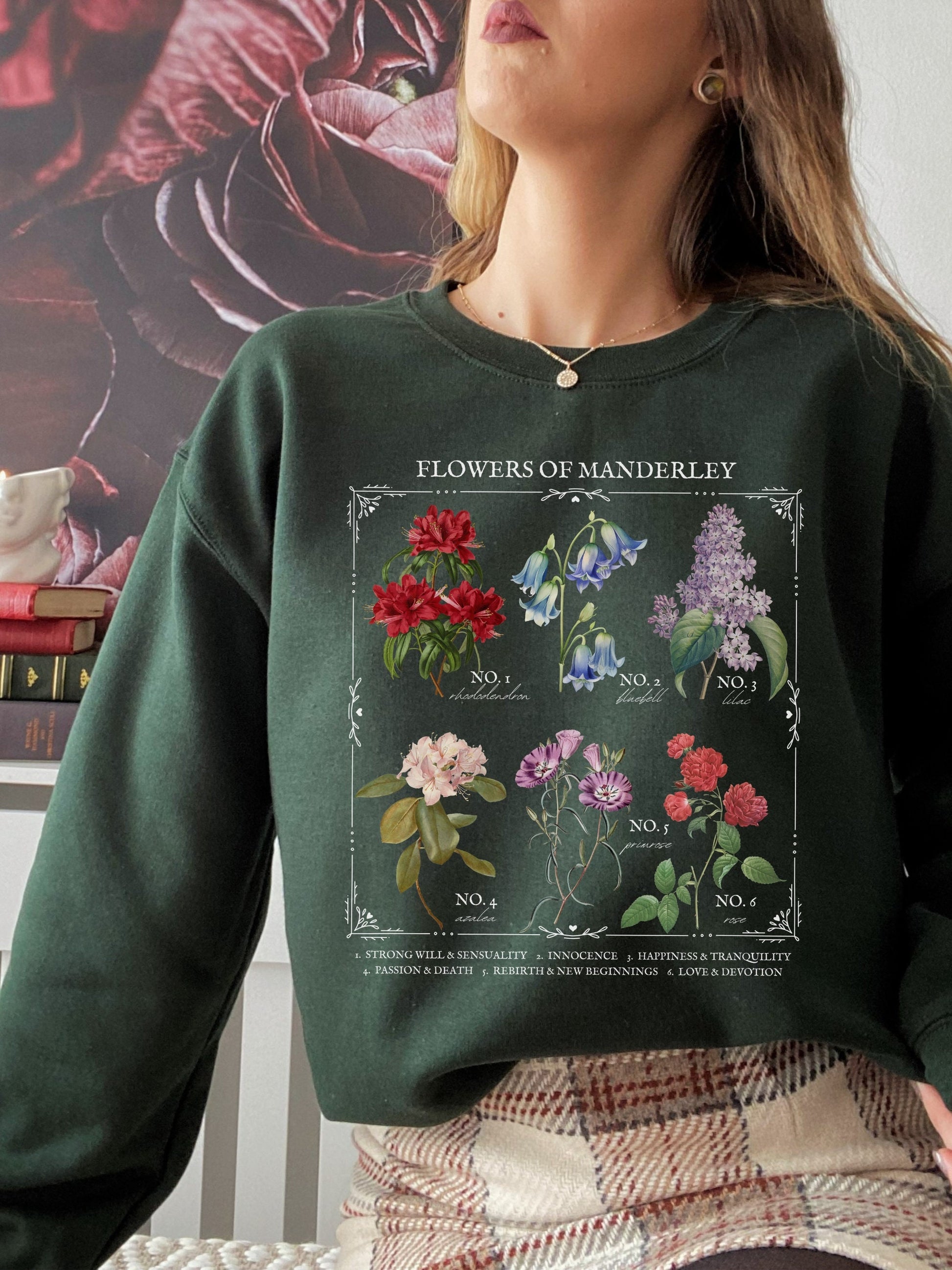 Rebecca Daphne du Maurier Flower Chart Manderley Sweatshirt * Gothic Romance Bookish Book Lover Shirt Floral Light Dark Academia Aesthetic