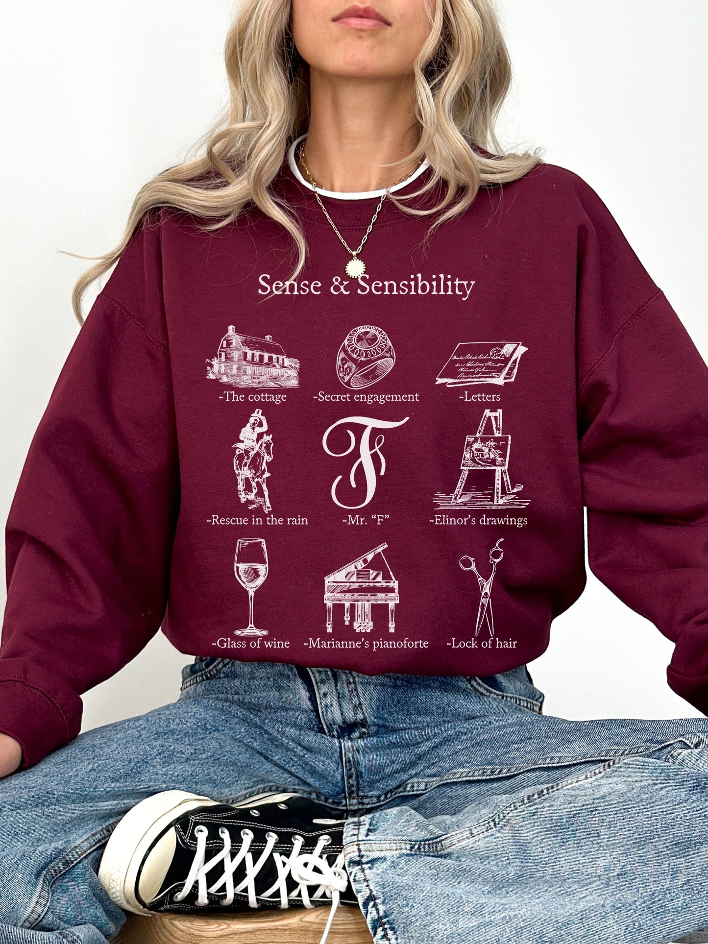 Sense & Sensibility Icon Chart Crewneck Sweatshirt Cottagecore Jane Austen Book Fandom Merch Bookish Reader Gift Book Lover Pride Prejudice