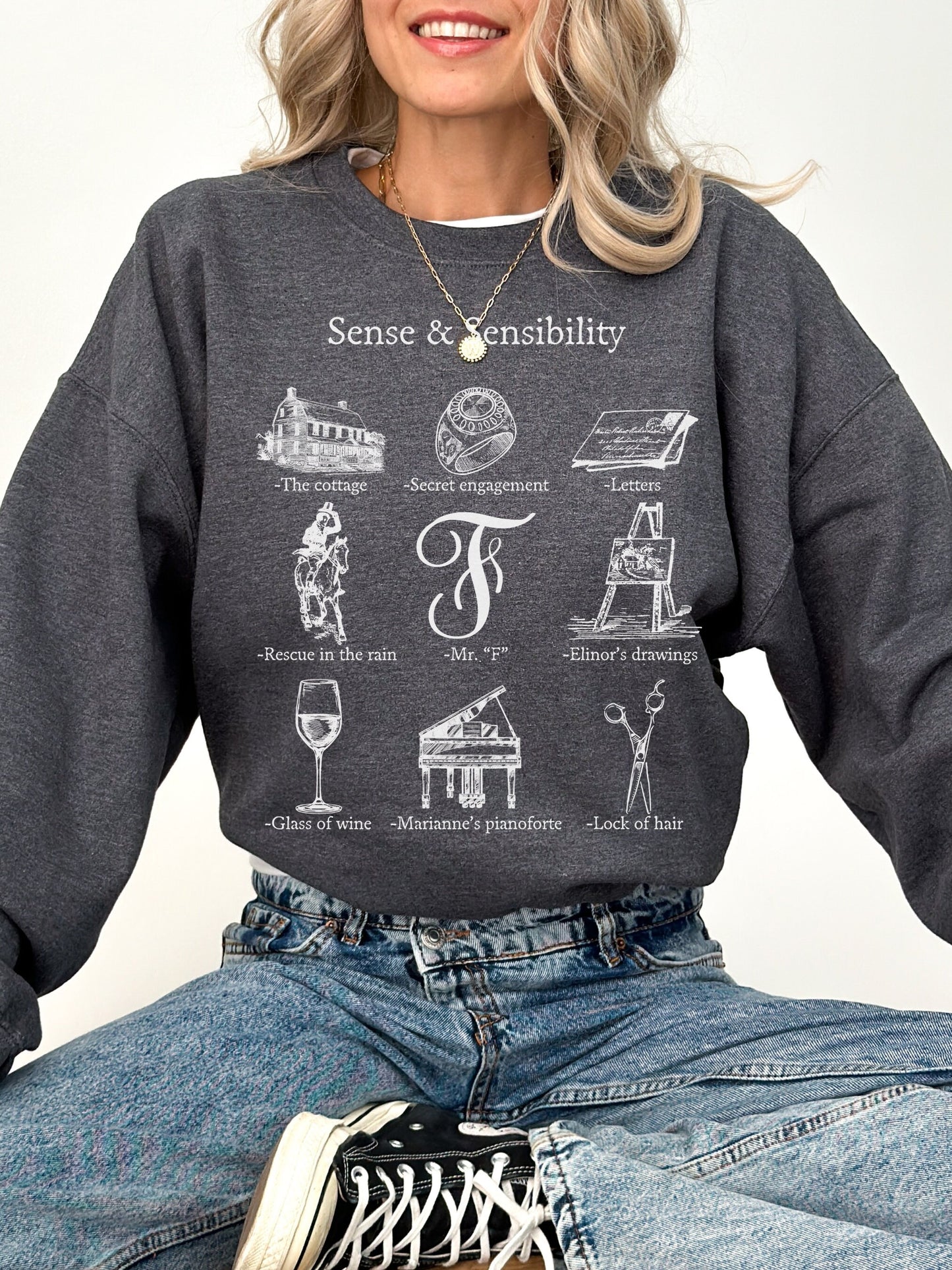 Sense & Sensibility Icon Chart Crewneck Sweatshirt Cottagecore Jane Austen Book Fandom Merch Bookish Reader Gift Book Lover Pride Prejudice