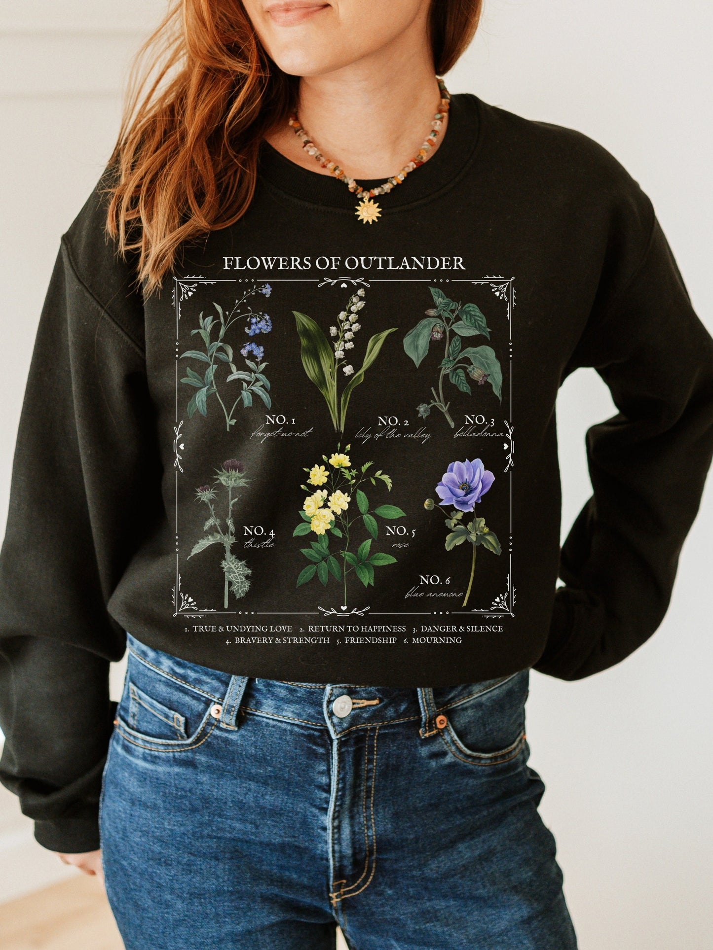 Bookish Flower Chart crewneck * Outlander Claire Jamie Fraser Sassenach Language of Flowers Herbology Floral sweatshirt Gift Dark Academia