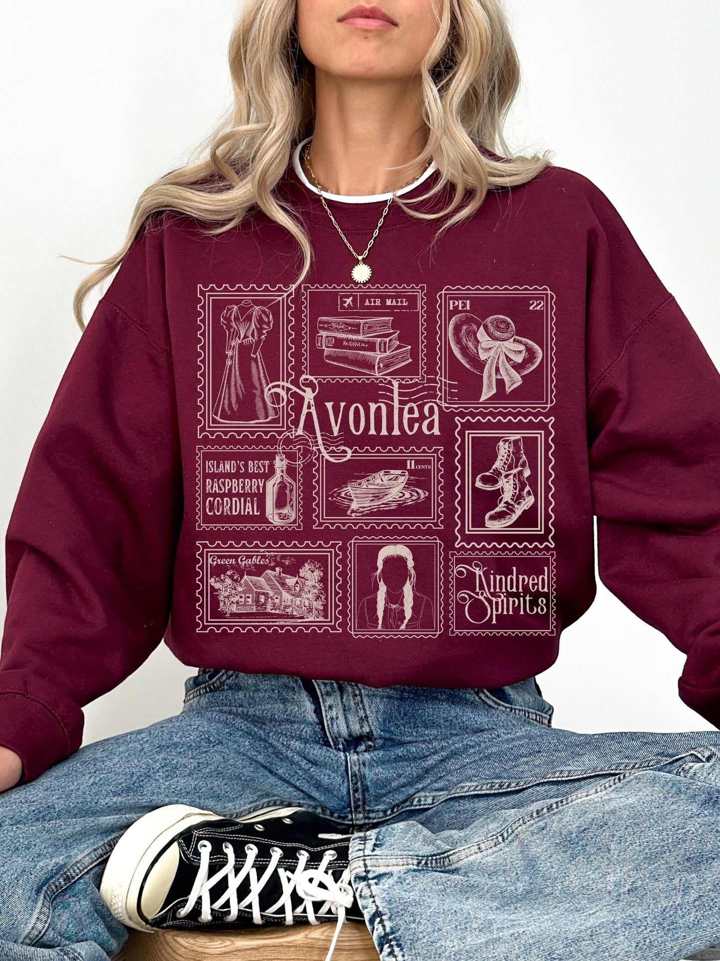 Anne of Green Gables Literary Stamp Collection Sweatshirt * Cottagecore Anne with an E Greetings from Avonlea Book Fandom Merch Bookish Gift