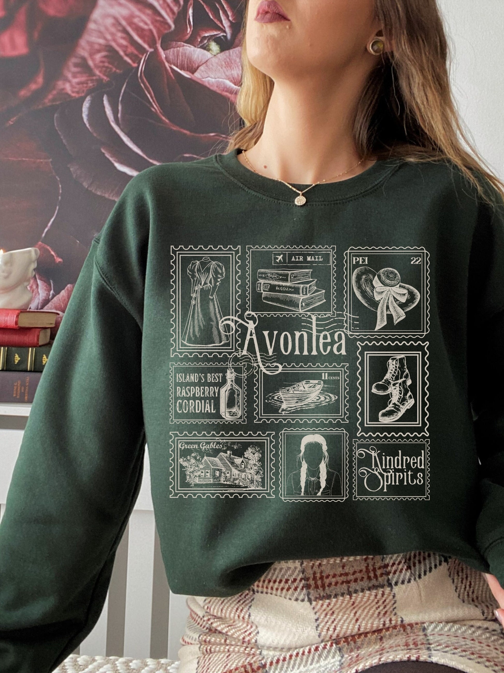 Anne of Green Gables Literary Stamp Collection Sweatshirt * Cottagecore Anne with an E Greetings from Avonlea Book Fandom Merch Bookish Gift