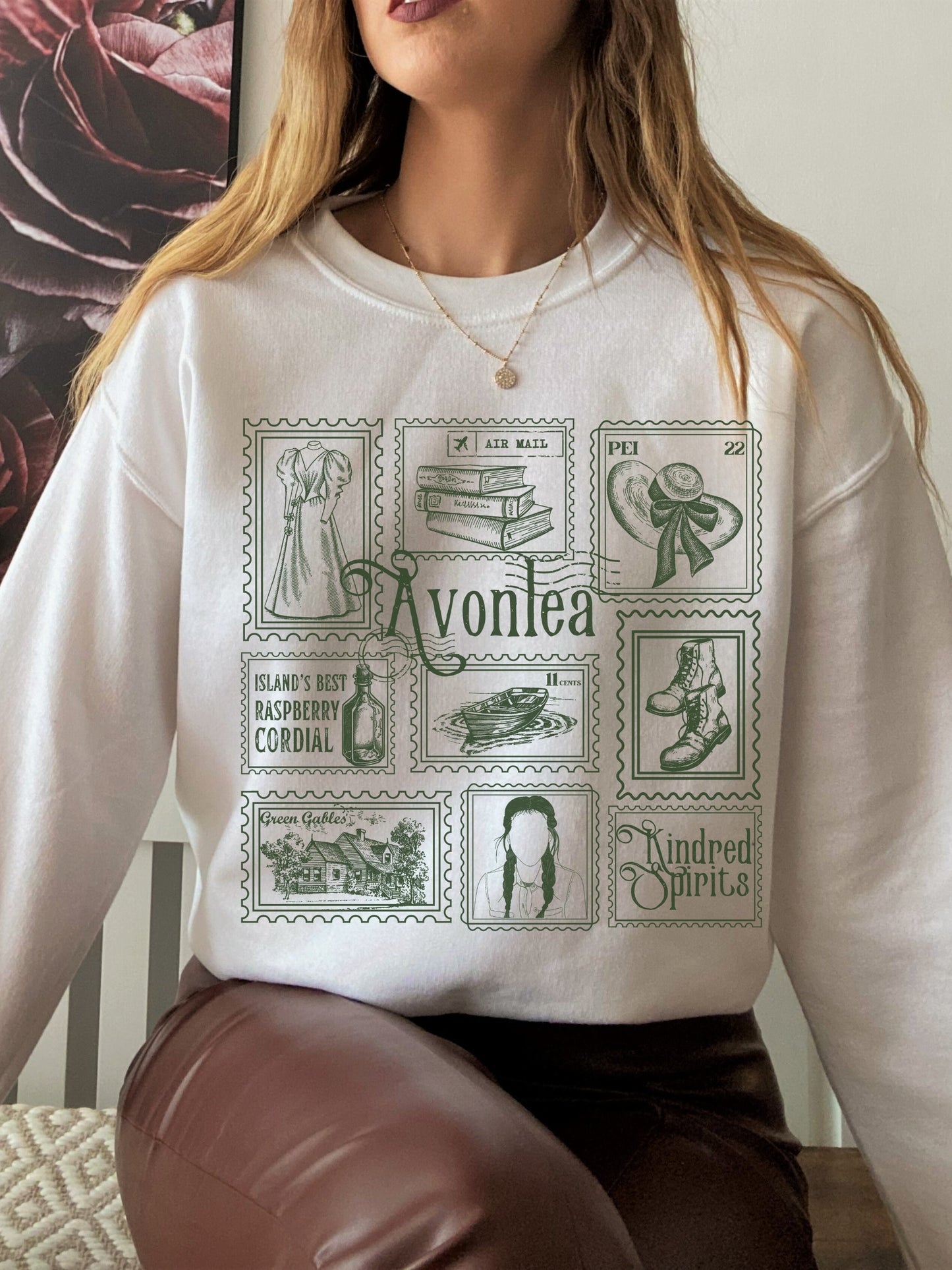 Anne of Green Gables Literary Stamp Collection Sweatshirt * Cottagecore Anne with an E Greetings from Avonlea Book Fandom Merch Bookish Gift