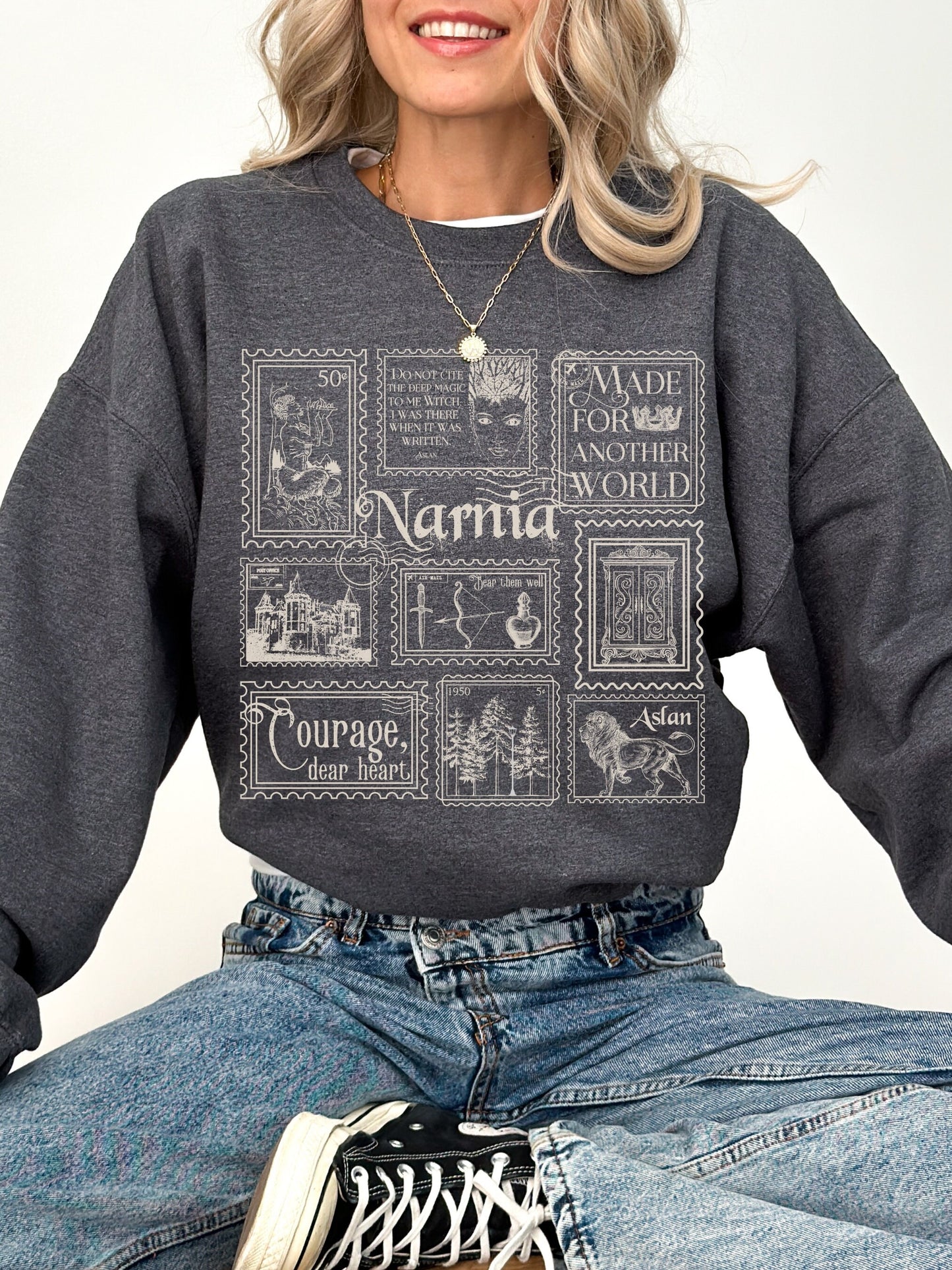 Narnia Stamp Collection Crewneck Sweatshirt * Lion Witch Wardrobe CS Lewis * Greetings from Narnia Postcard Book Fandom Merch Bookish Gift