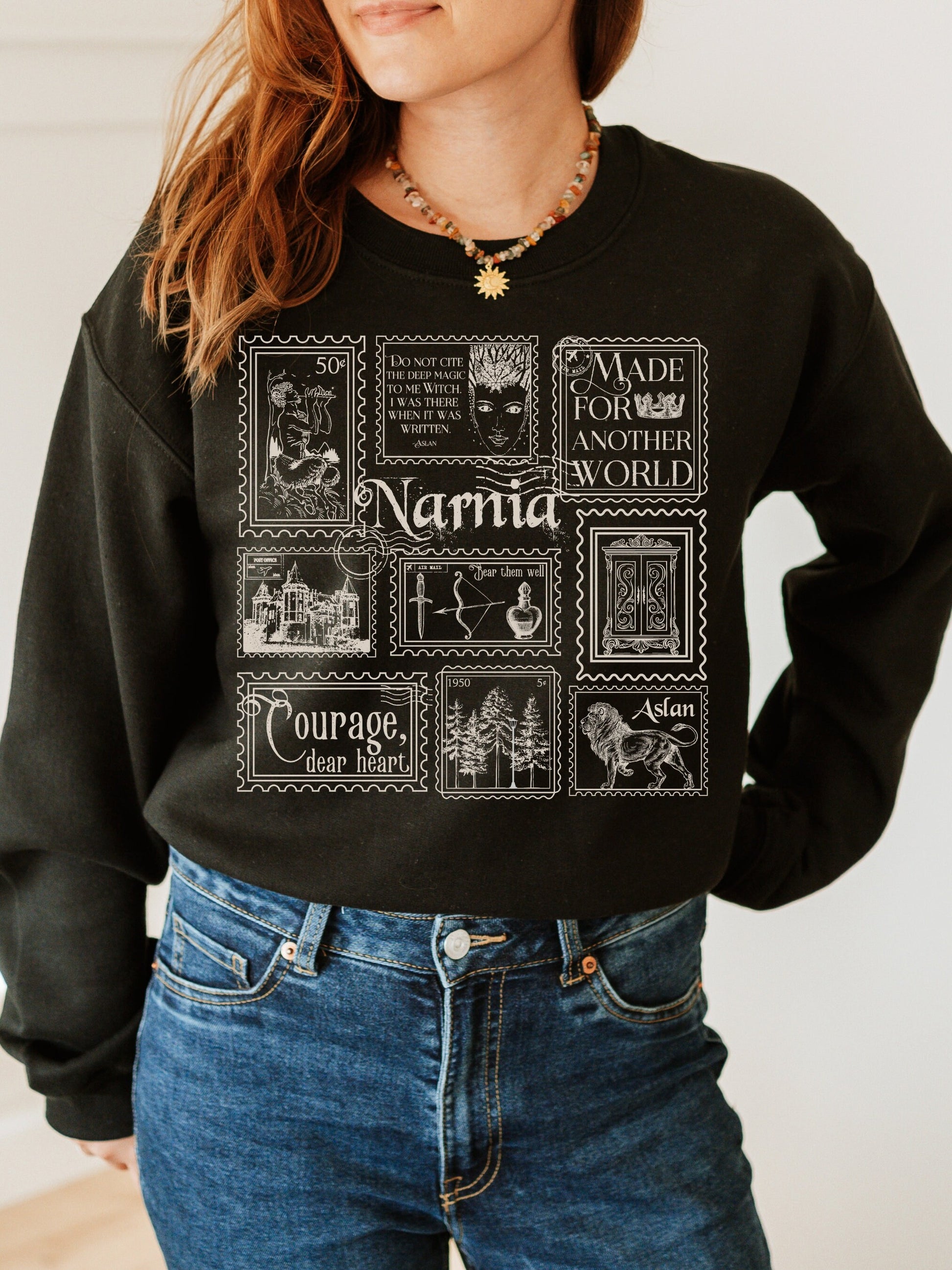 Narnia Stamp Collection Crewneck Sweatshirt * Lion Witch Wardrobe CS Lewis * Greetings from Narnia Postcard Book Fandom Merch Bookish Gift