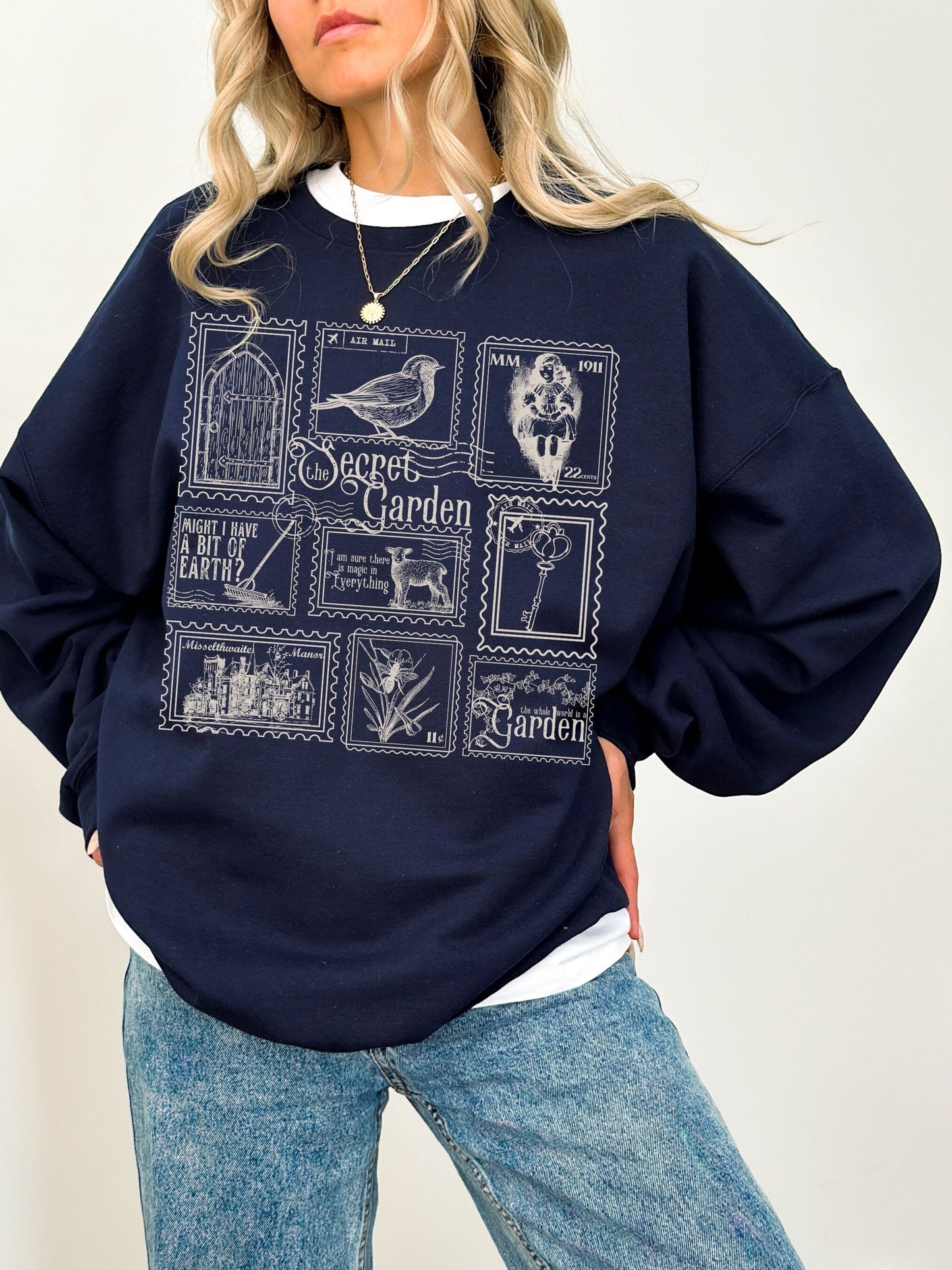 The Secret Garden Literary Stamp Collection Crewneck Sweatshirt * Cottagecore Goblincore Greetings from Misselthwaite Postcard Merch Bookish