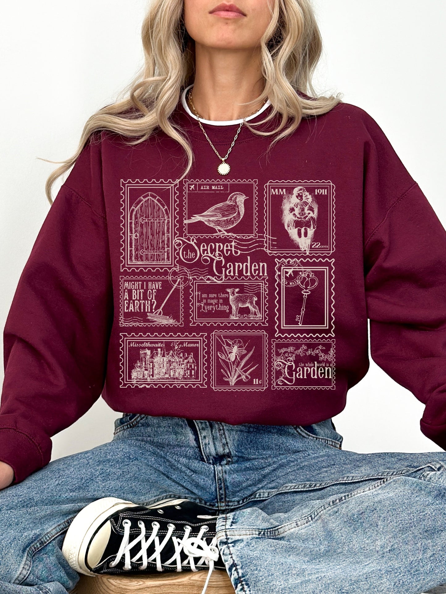 The Secret Garden Literary Stamp Collection Crewneck Sweatshirt * Cottagecore Goblincore Greetings from Misselthwaite Postcard Merch Bookish