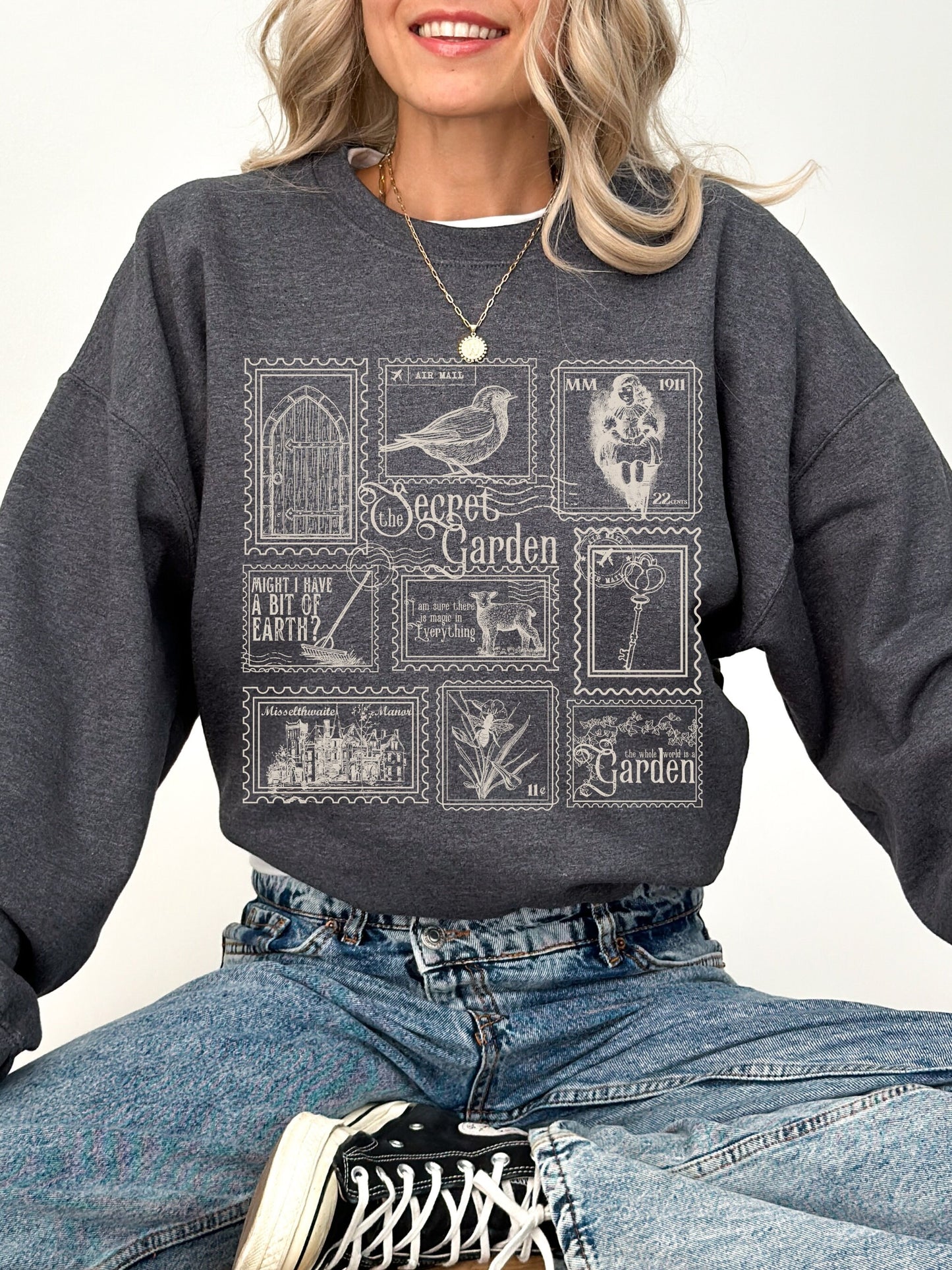 The Secret Garden Literary Stamp Collection Crewneck Sweatshirt * Cottagecore Goblincore Greetings from Misselthwaite Postcard Merch Bookish