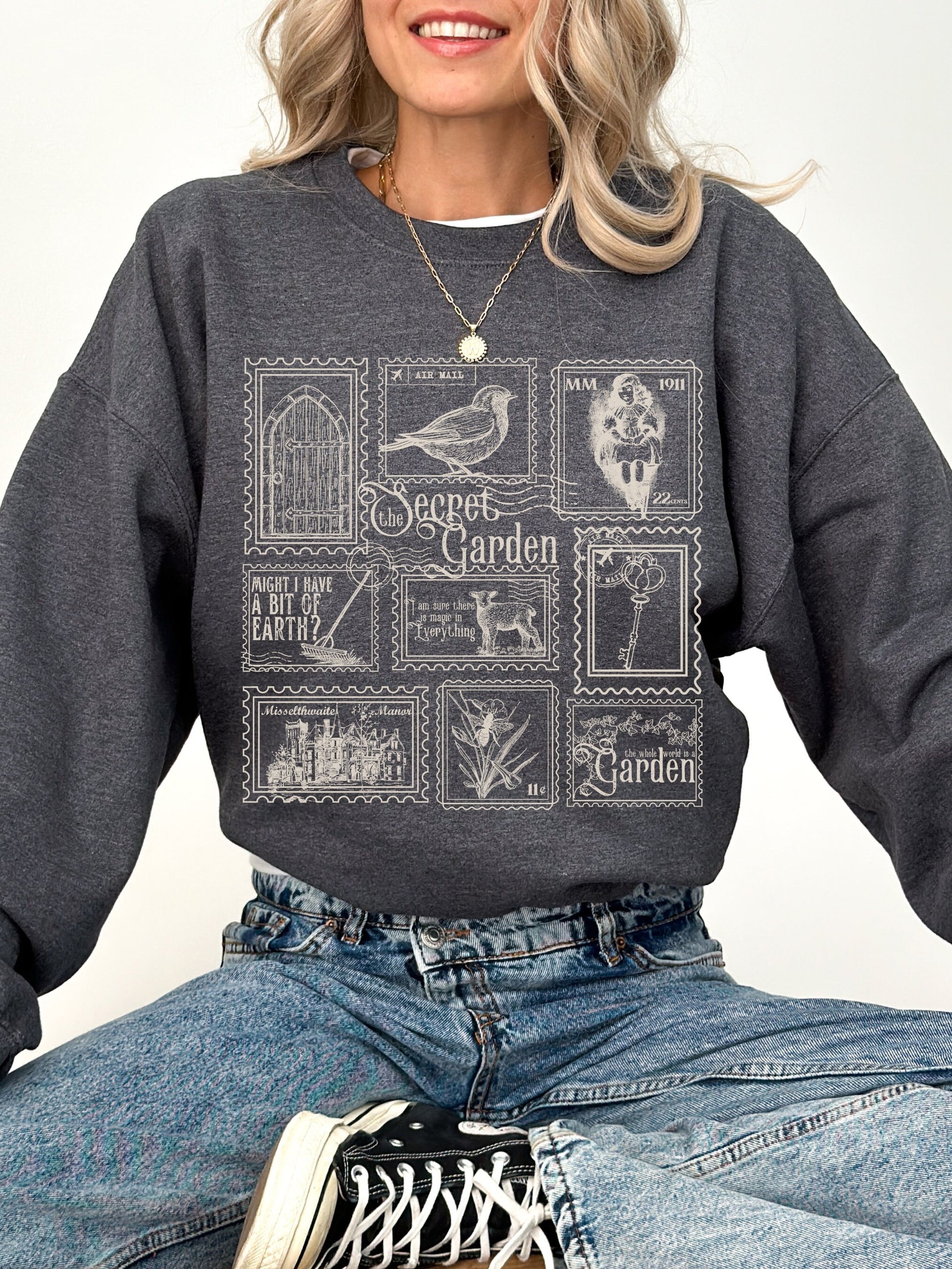 The Secret Garden Literary Stamp Collection Crewneck Sweatshirt * Cottagecore Goblincore Greetings from Misselthwaite Postcard Merch Bookish