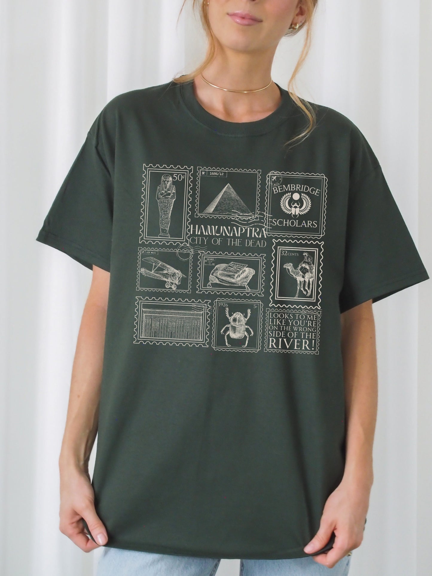 Mummy Stamp Collection Tee Shirt Tshirt * City of the Dead Egypt Rick Evie Greetings from Hamunaptra Postcard Book Fandom Merch Bookish Gift