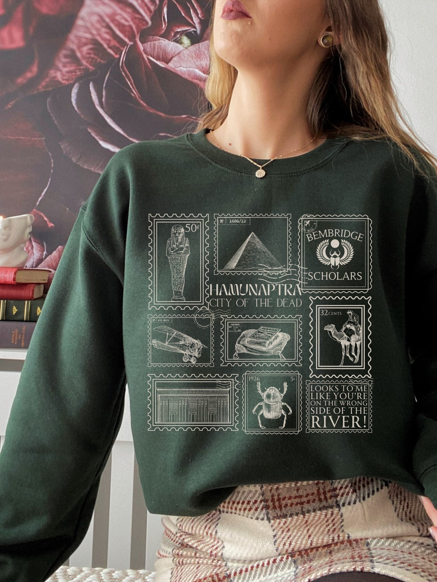 Mummy Stamp Collection Sweatshirt * City of the Dead Egypt Rick Evie Greetings from Hamunaptra Postcard 1999 Book Fandom Merch Bookish Gift