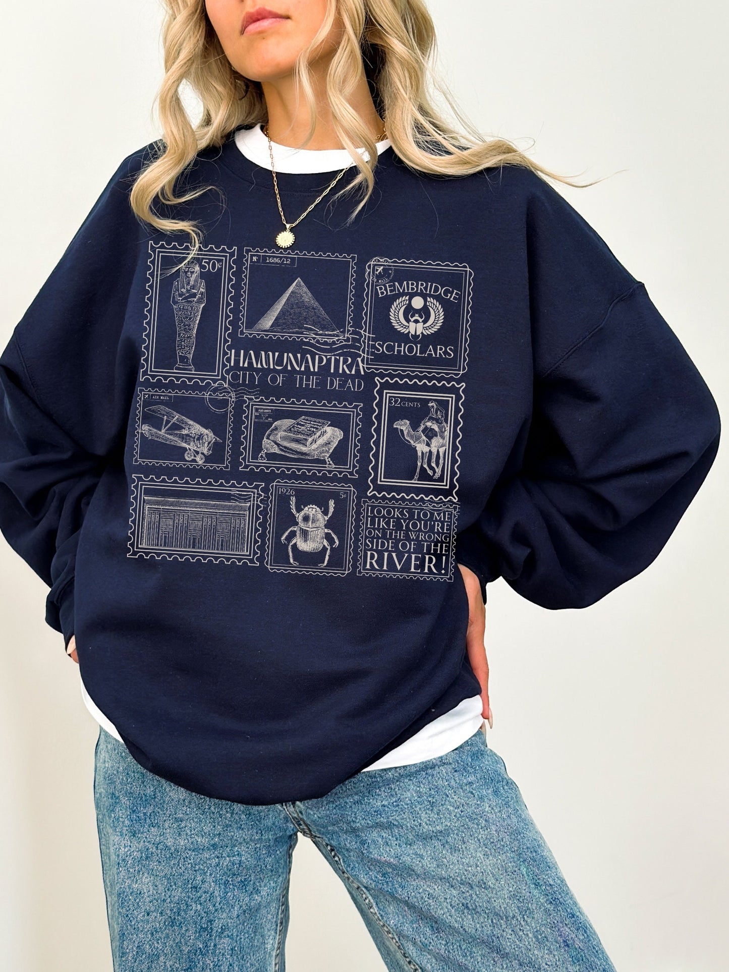 Mummy Stamp Collection Sweatshirt * City of the Dead Egypt Rick Evie Greetings from Hamunaptra Postcard 1999 Book Fandom Merch Bookish Gift