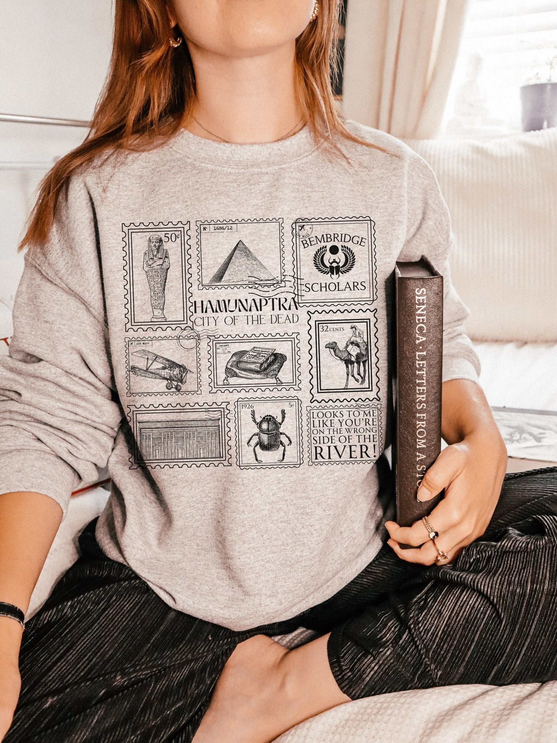 Mummy Stamp Collection Sweatshirt * City of the Dead Egypt Rick Evie Greetings from Hamunaptra Postcard 1999 Book Fandom Merch Bookish Gift