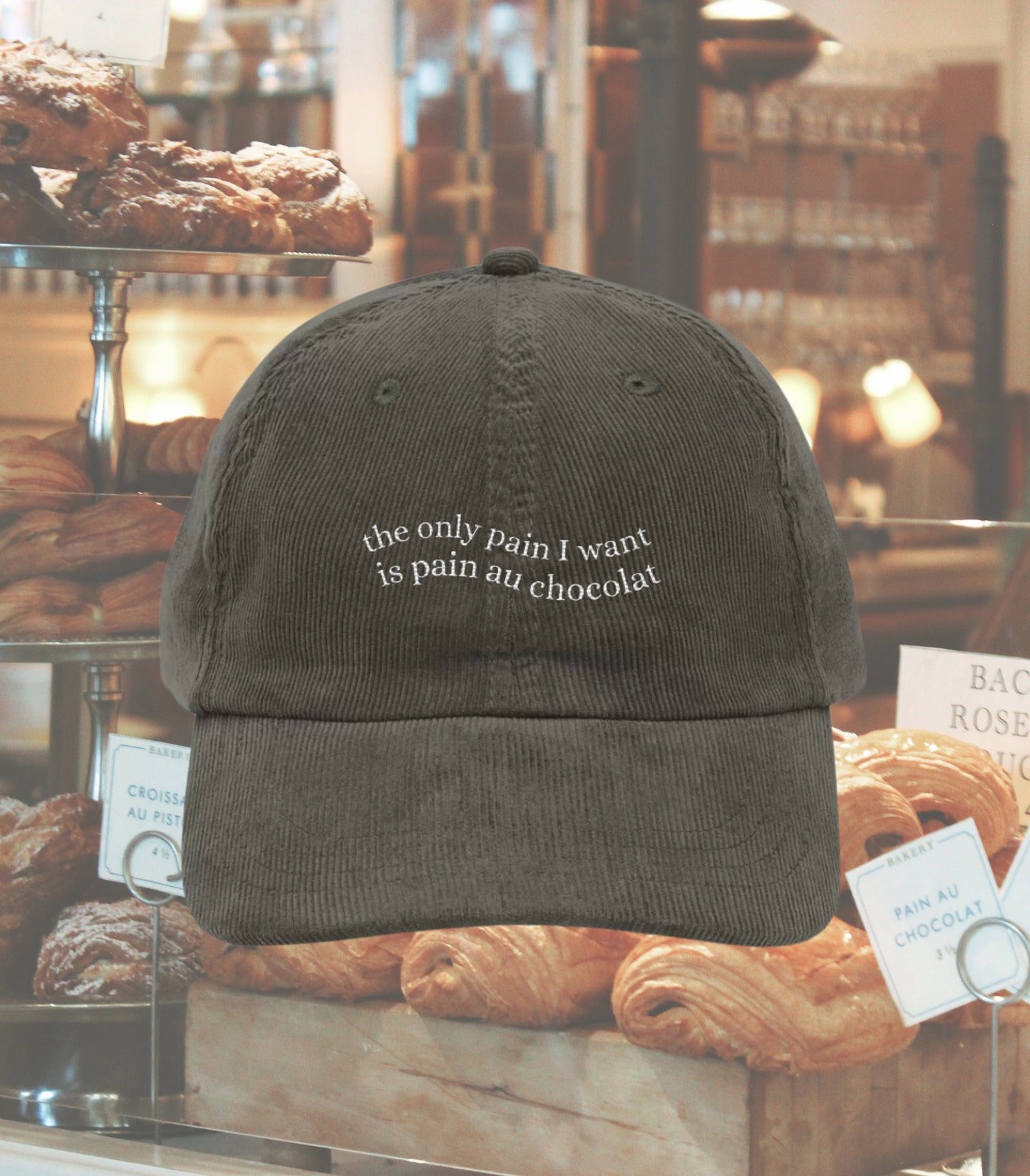 The only pain I want is pain au chocolat embroidered corduroy cap dad hat * Pinterest trendy coquette aesthetic cozy foodie wavy letters