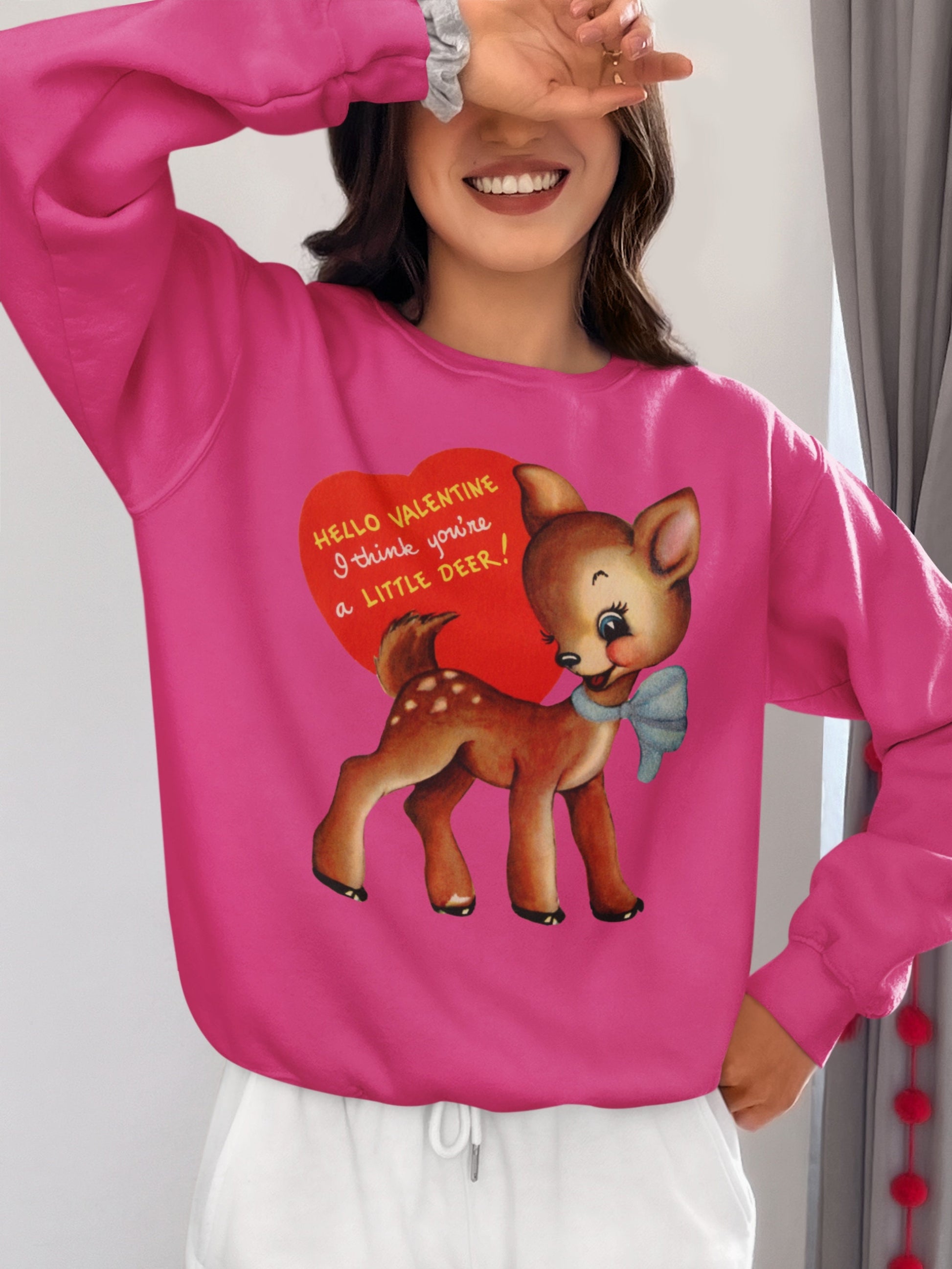 Retro 50s 60s Valentines Day Cute Deer Sweatshirt * Vintage Valentine Heart Crewneck Gift for Her * Mid Century Modern Coquette Aesthetic