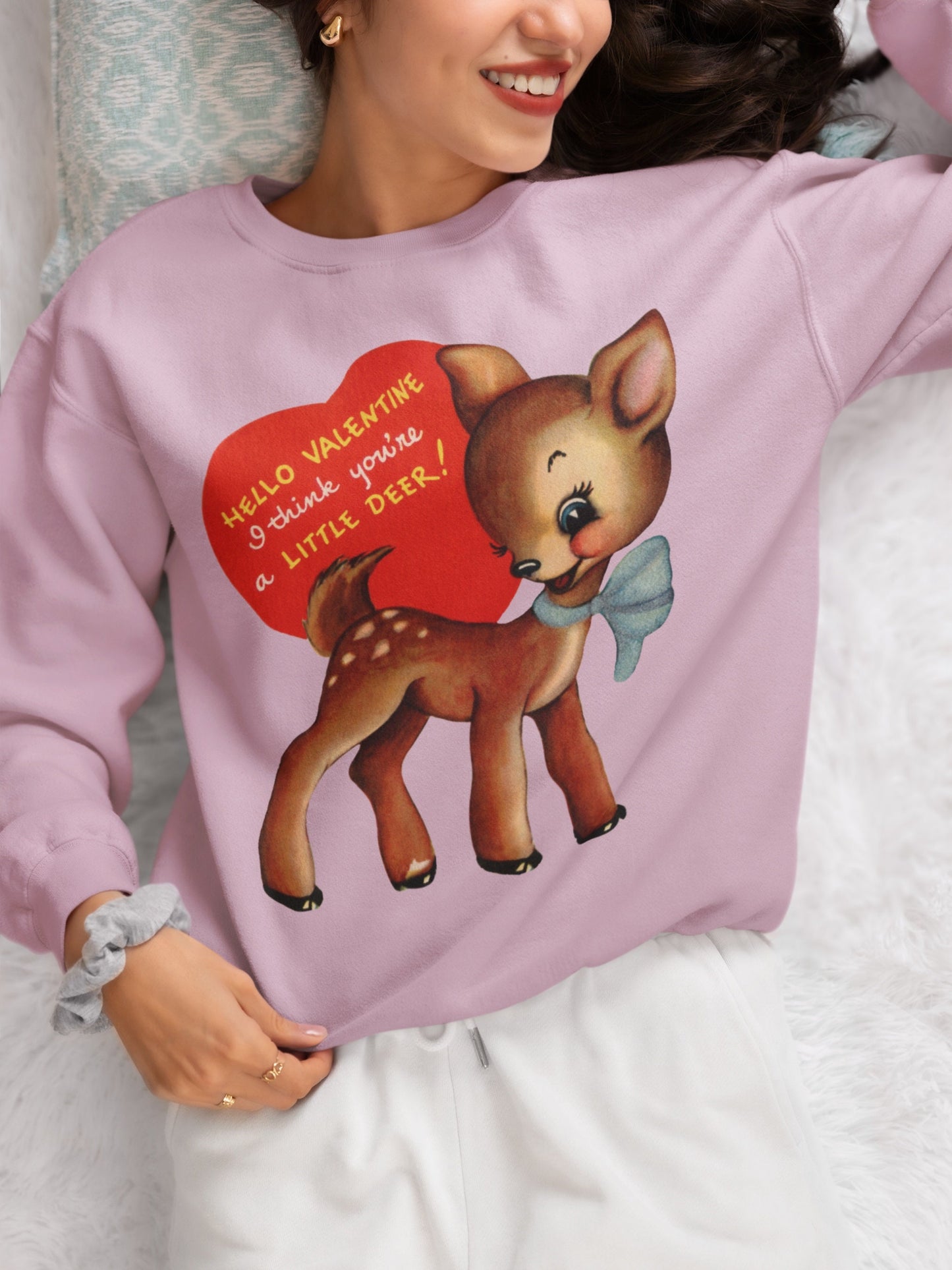Retro 50s 60s Valentines Day Cute Deer Sweatshirt * Vintage Valentine Heart Crewneck Gift for Her * Mid Century Modern Coquette Aesthetic