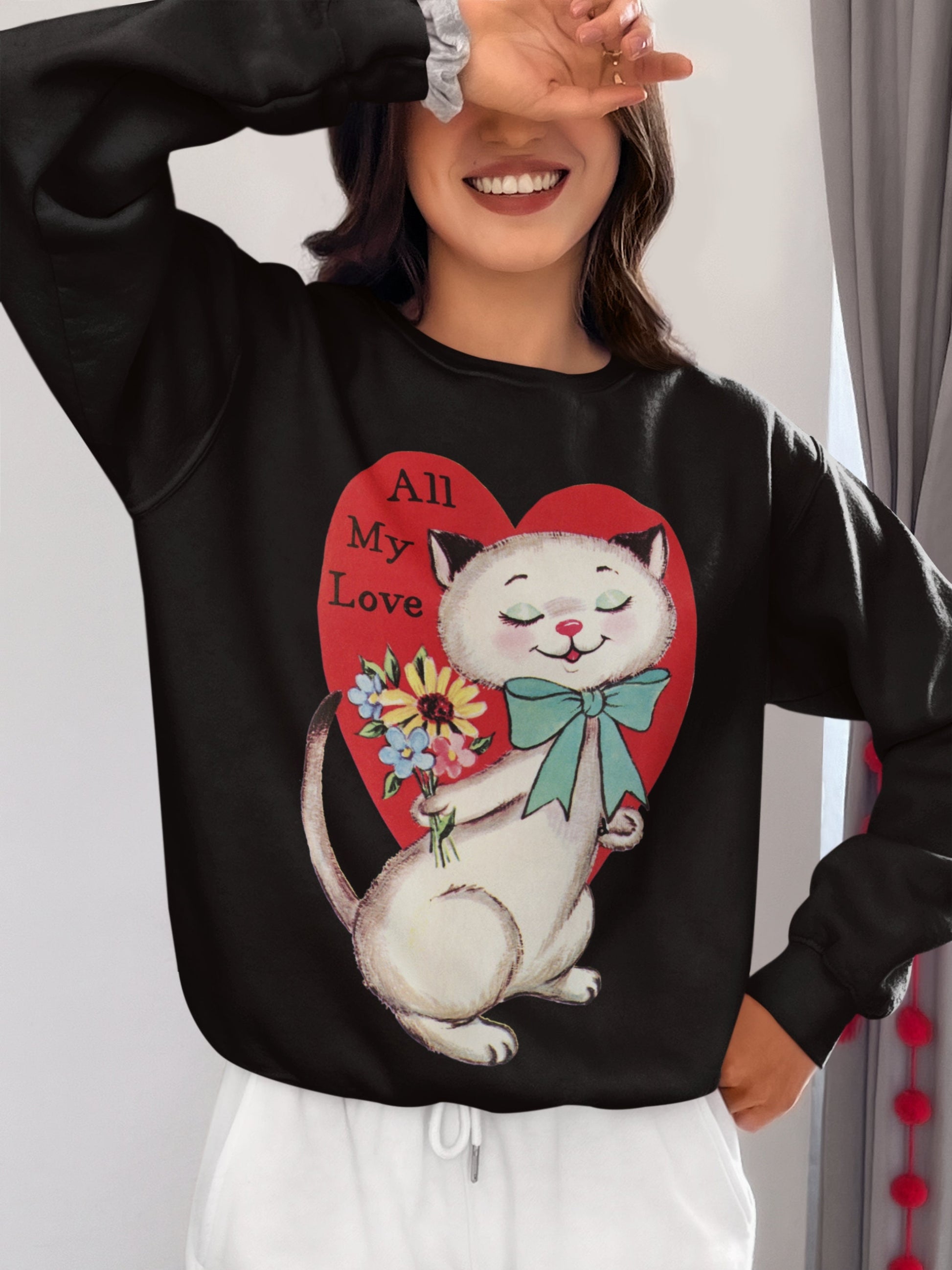 Retro 50s 60s Valentines Day Cute Cat Kitten Kitty Sweatshirt * Vintage Valentine Heart Crewneck Gift Mid Century Modern Coquette Aesthetic
