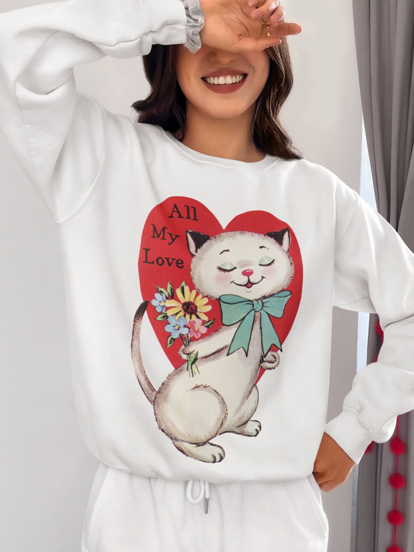 Retro 50s 60s Valentines Day Cute Cat Kitten Kitty Sweatshirt * Vintage Valentine Heart Crewneck Gift Mid Century Modern Coquette Aesthetic