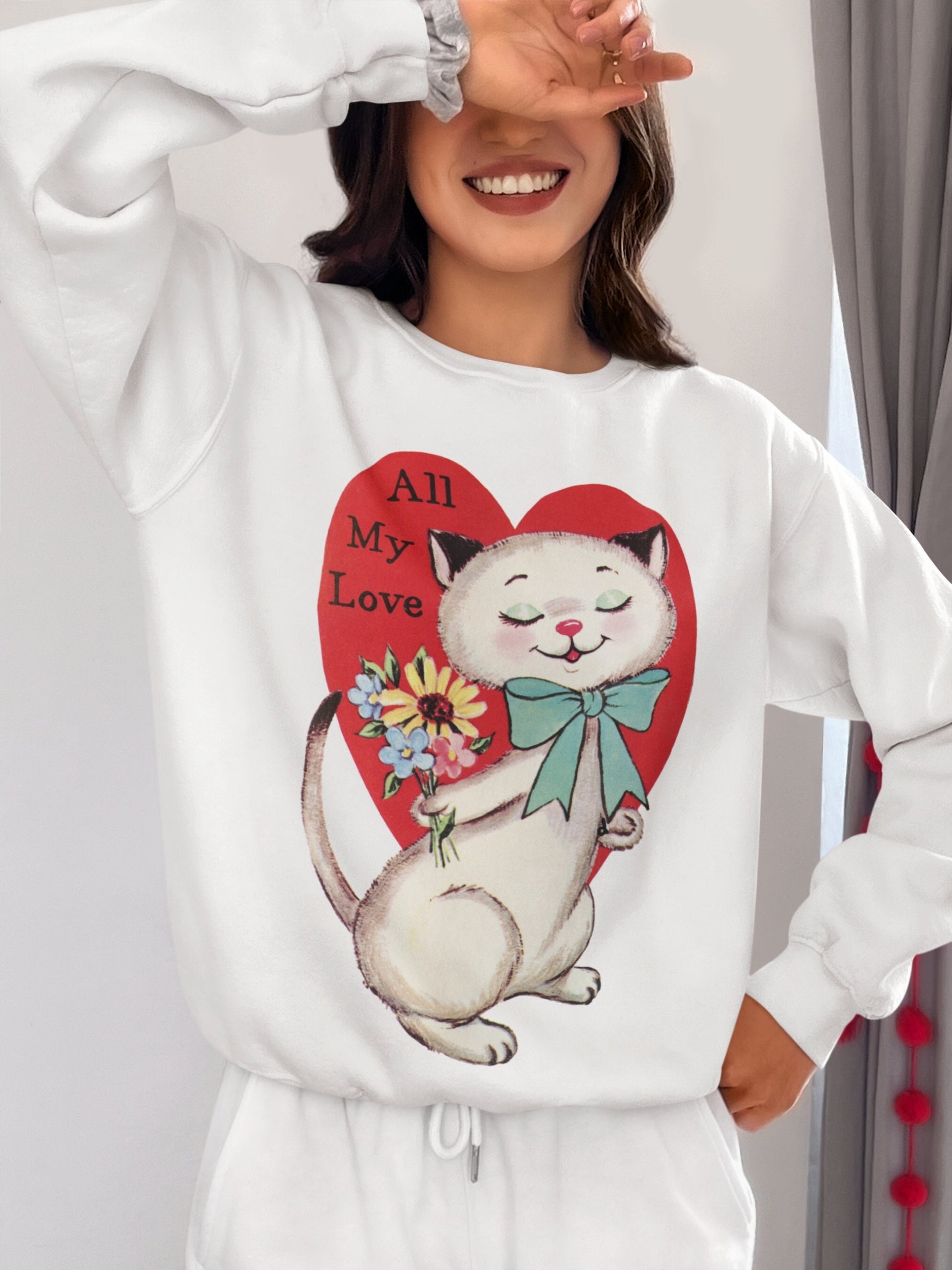 Retro 50s 60s Valentines Day Cute Cat Kitten Kitty Sweatshirt * Vintage Valentine Heart Crewneck Gift Mid Century Modern Coquette Aesthetic
