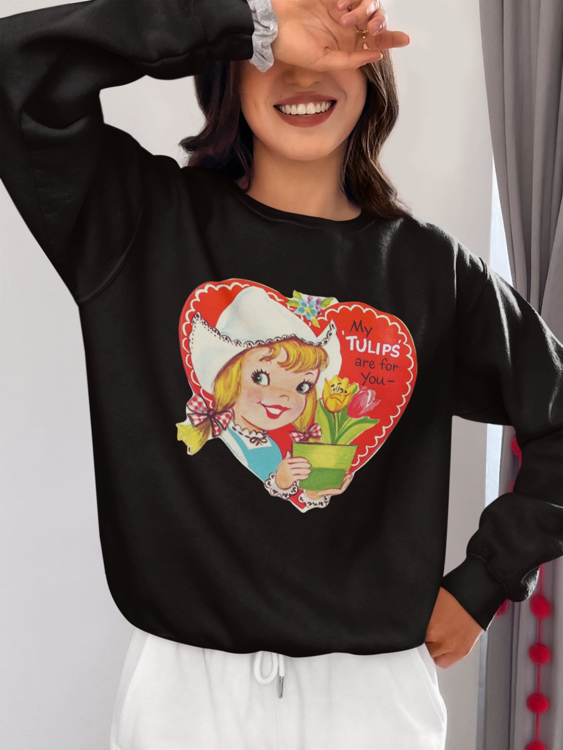 Retro 50s 60s Valentines Day Cute Tulips Garden Sweatshirt * Vintage Valentine Heart Crewneck Gift Mid Century Modern Coquette Aesthetic