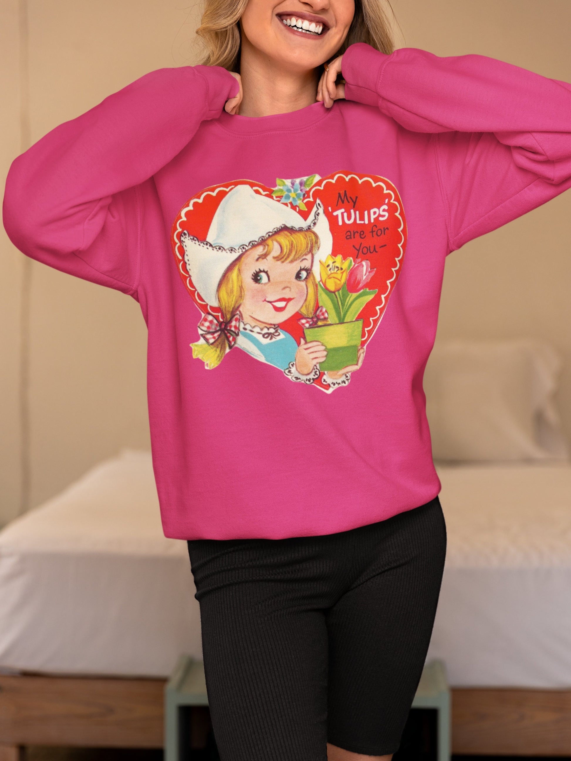 Retro 50s 60s Valentines Day Cute Tulips Garden Sweatshirt * Vintage Valentine Heart Crewneck Gift Mid Century Modern Coquette Aesthetic