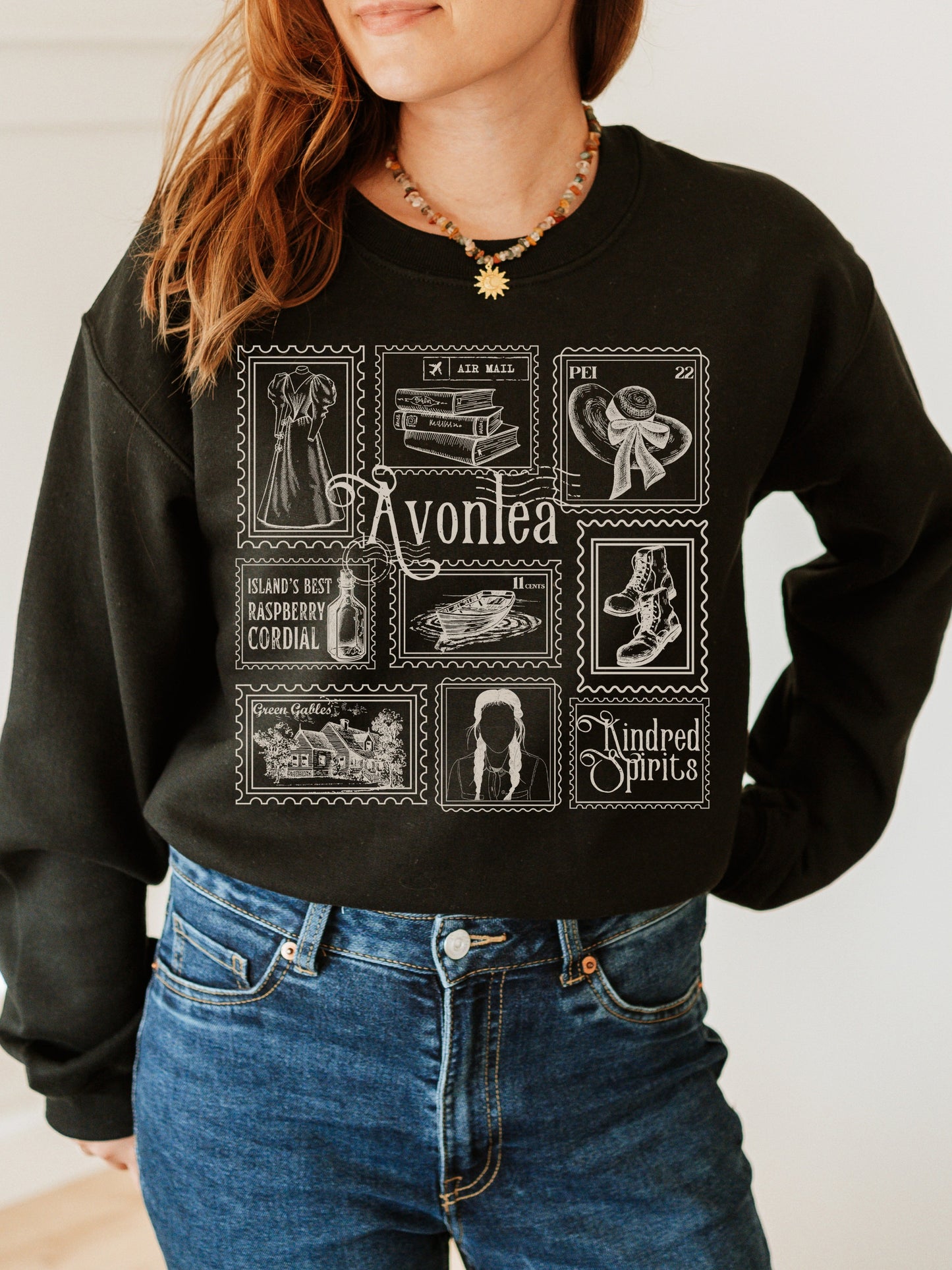 Anne of Green Gables Literary Stamp Collection Sweatshirt * Cottagecore Anne with an E Greetings from Avonlea Book Fandom Merch Bookish Gift