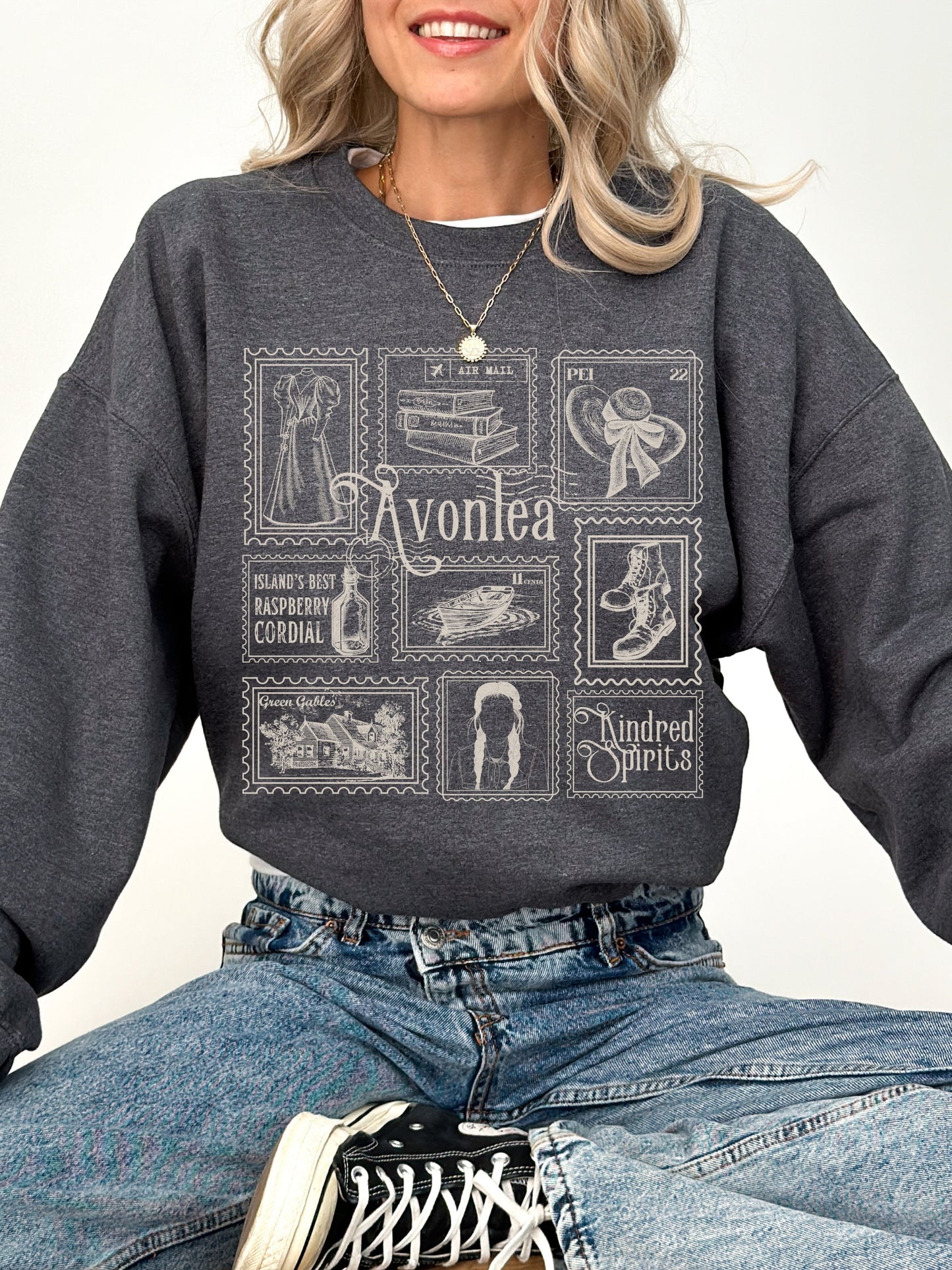 Anne of Green Gables Literary Stamp Collection Sweatshirt * Cottagecore Anne with an E Greetings from Avonlea Book Fandom Merch Bookish Gift