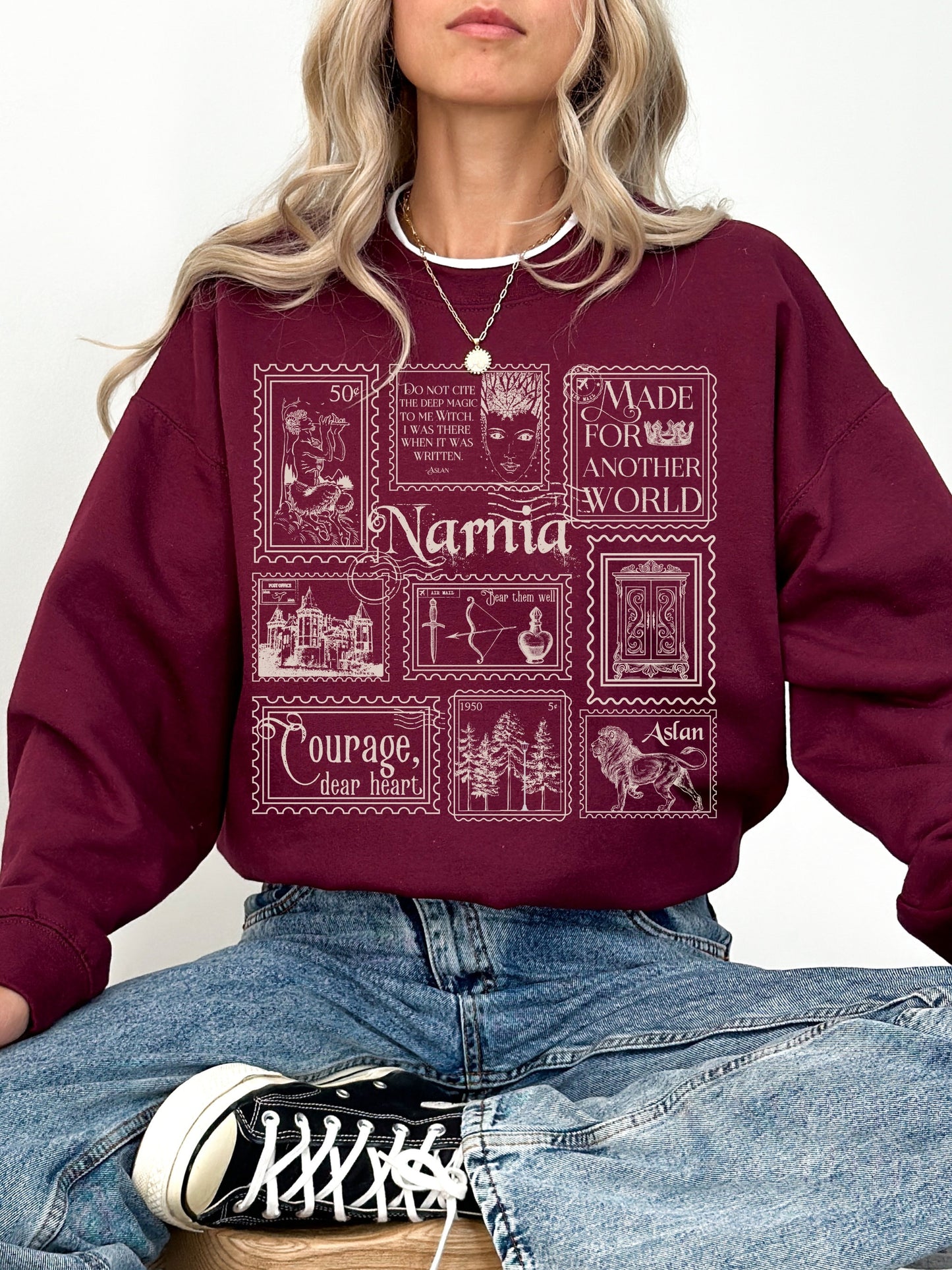 Narnia Stamp Collection Crewneck Sweatshirt * Lion Witch Wardrobe CS Lewis * Greetings from Narnia Postcard Book Fandom Merch Bookish Gift