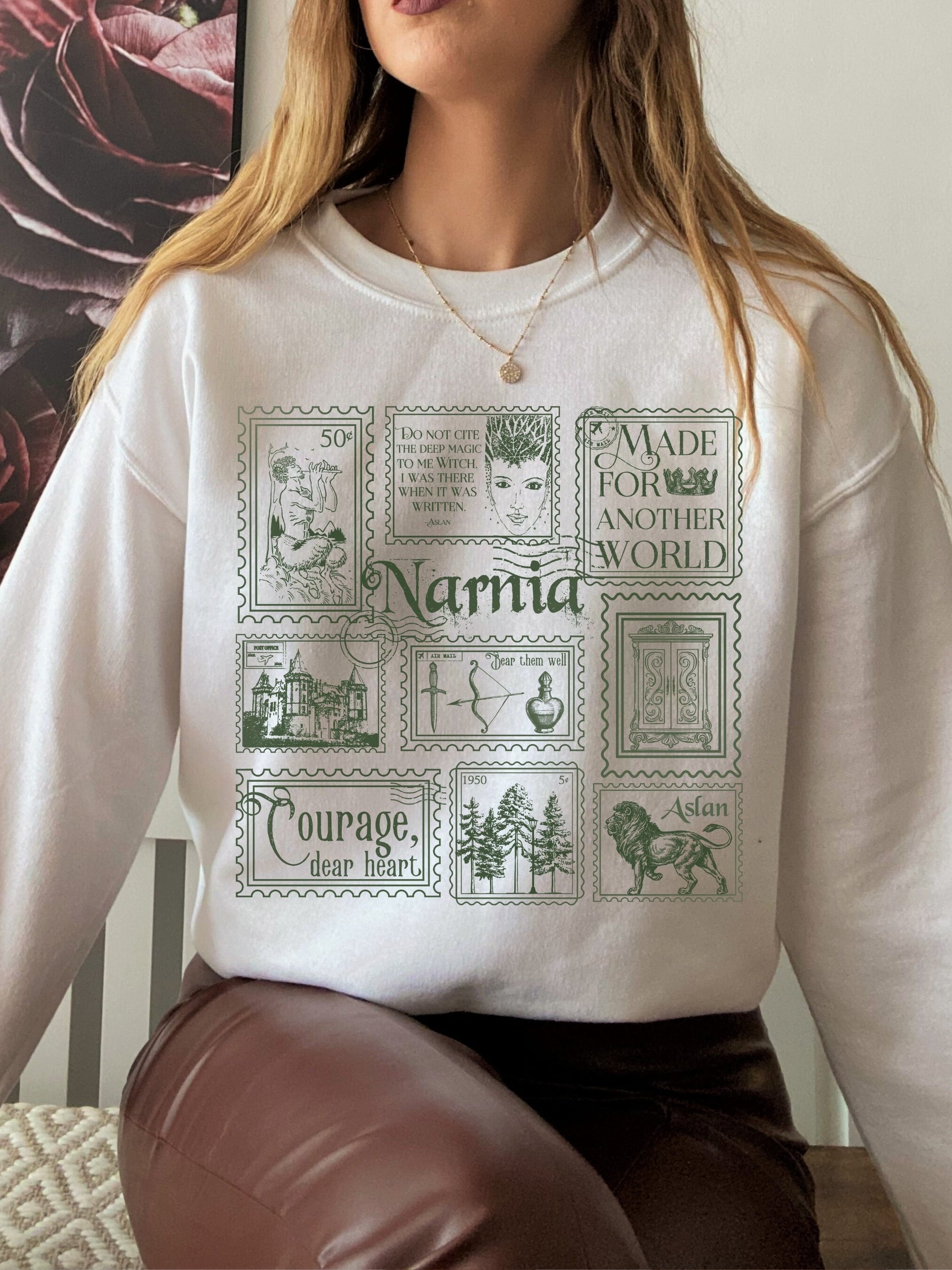 Narnia Stamp Collection Crewneck Sweatshirt * Lion Witch Wardrobe CS Lewis * Greetings from Narnia Postcard Book Fandom Merch Bookish Gift