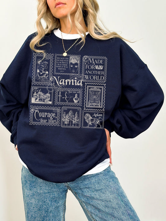 Narnia Stamp Collection Crewneck Sweatshirt * Lion Witch Wardrobe CS Lewis * Greetings from Narnia Postcard Book Fandom Merch Bookish Gift